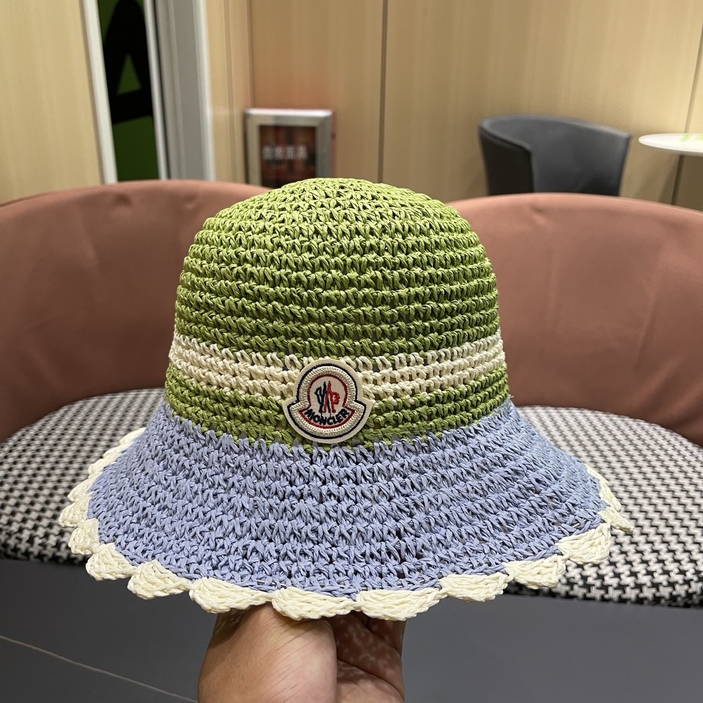 MONCLER（蒙口）夏季韩版沙滩出游撞色条纹遮阳渔夫帽女大檐圆顶显脸小防晒草帽潮