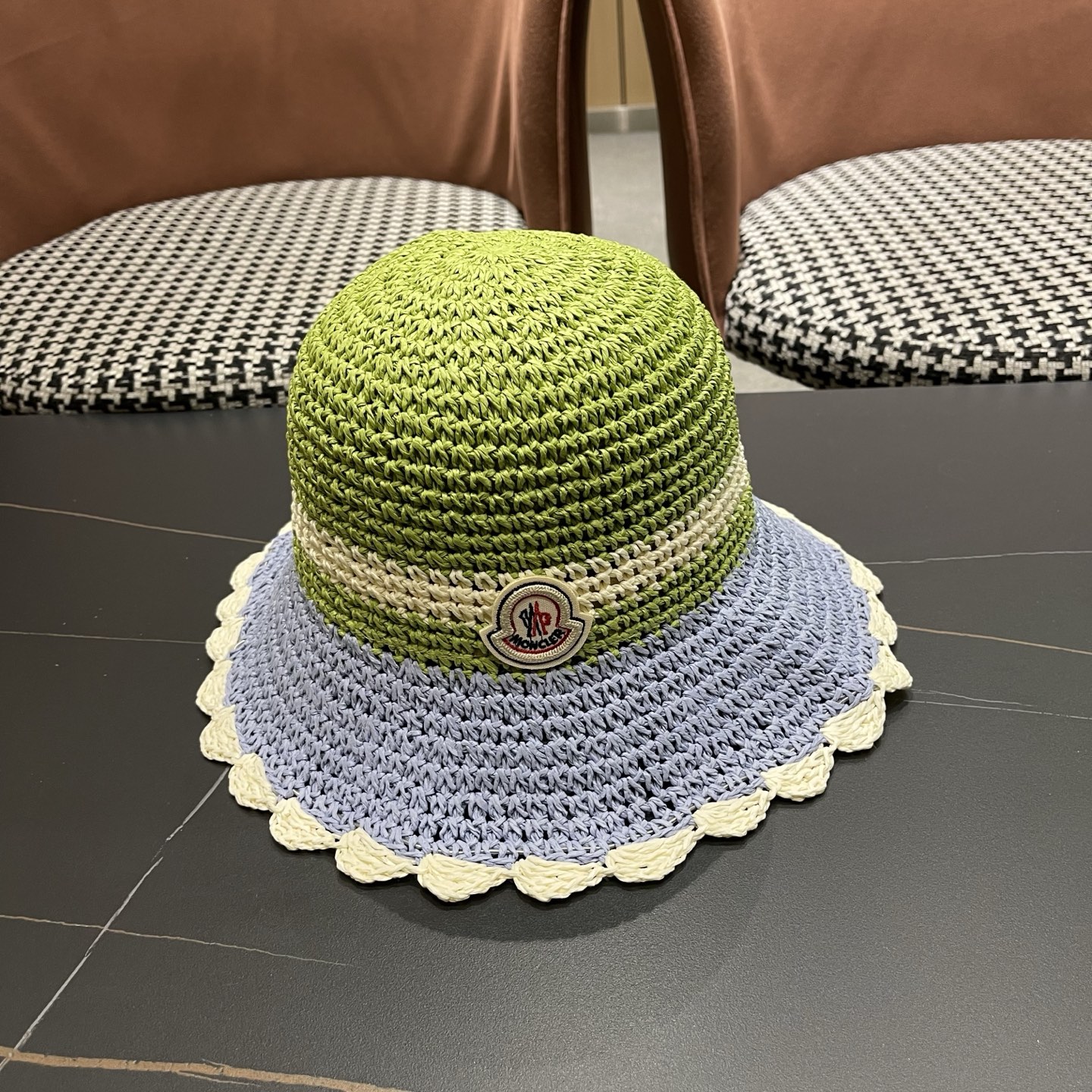 MONCLER（蒙口）夏季韩版沙滩出游撞色条纹遮阳渔夫帽女大檐圆顶显脸小防晒草帽潮