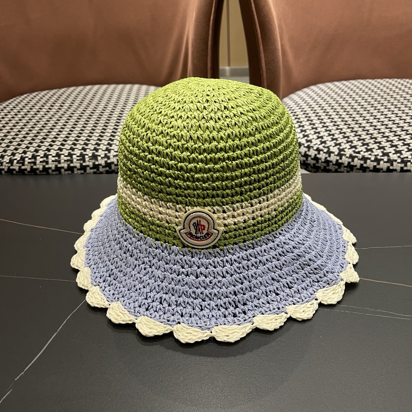 MONCLER（蒙口）夏季韩版沙滩出游撞色条纹遮阳渔夫帽女大檐圆顶显脸小防晒草帽潮