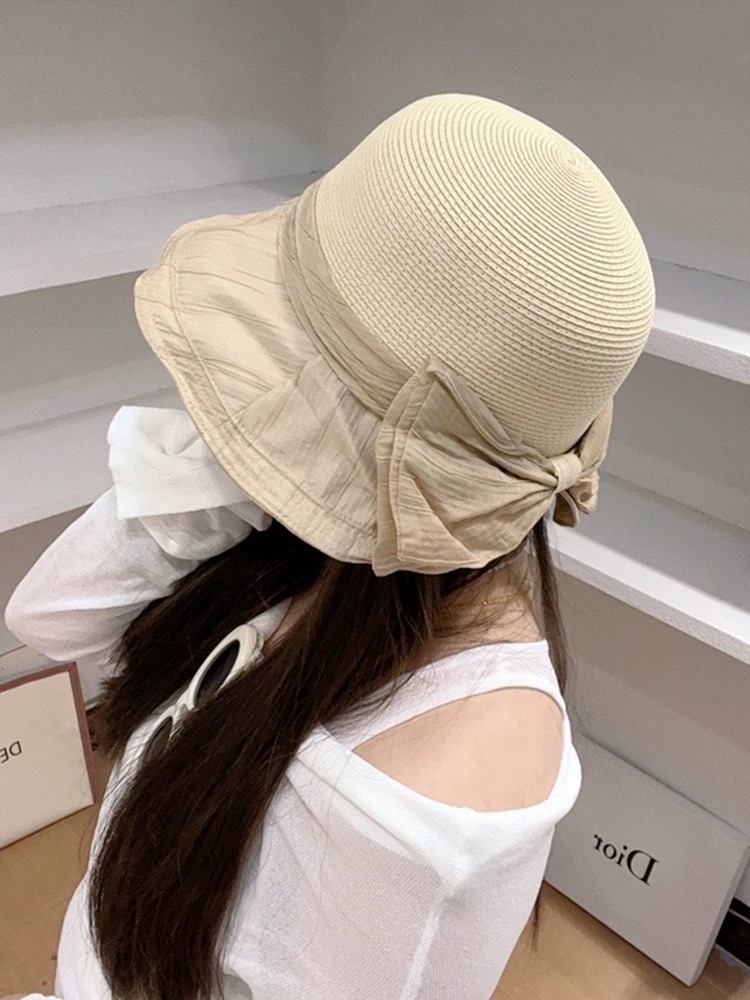 香奈儿CHANEL 韩版蝴蝶结渔夫帽女春夏遮阳防晒盆帽布草拼接太阳帽大帽檐显脸小