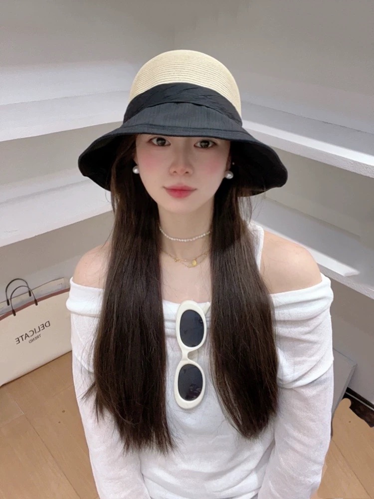 香奈儿CHANEL 韩版蝴蝶结渔夫帽女春夏遮阳防晒盆帽布草拼接太阳帽大帽檐显脸小