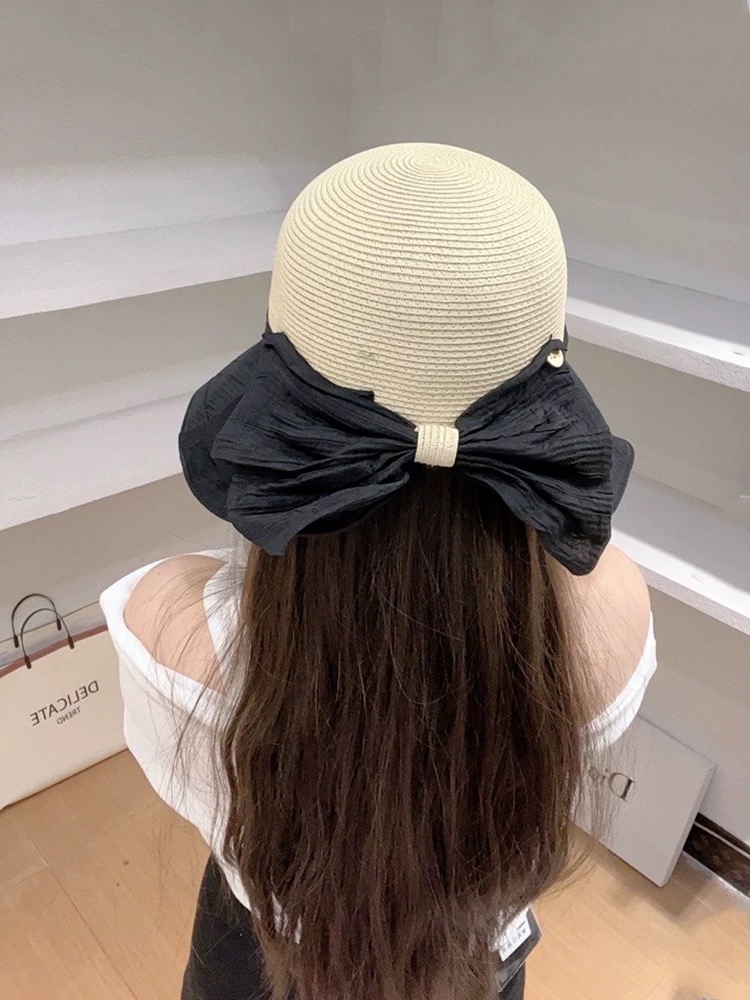 香奈儿CHANEL 韩版蝴蝶结渔夫帽女春夏遮阳防晒盆帽布草拼接太阳帽大帽檐显脸小