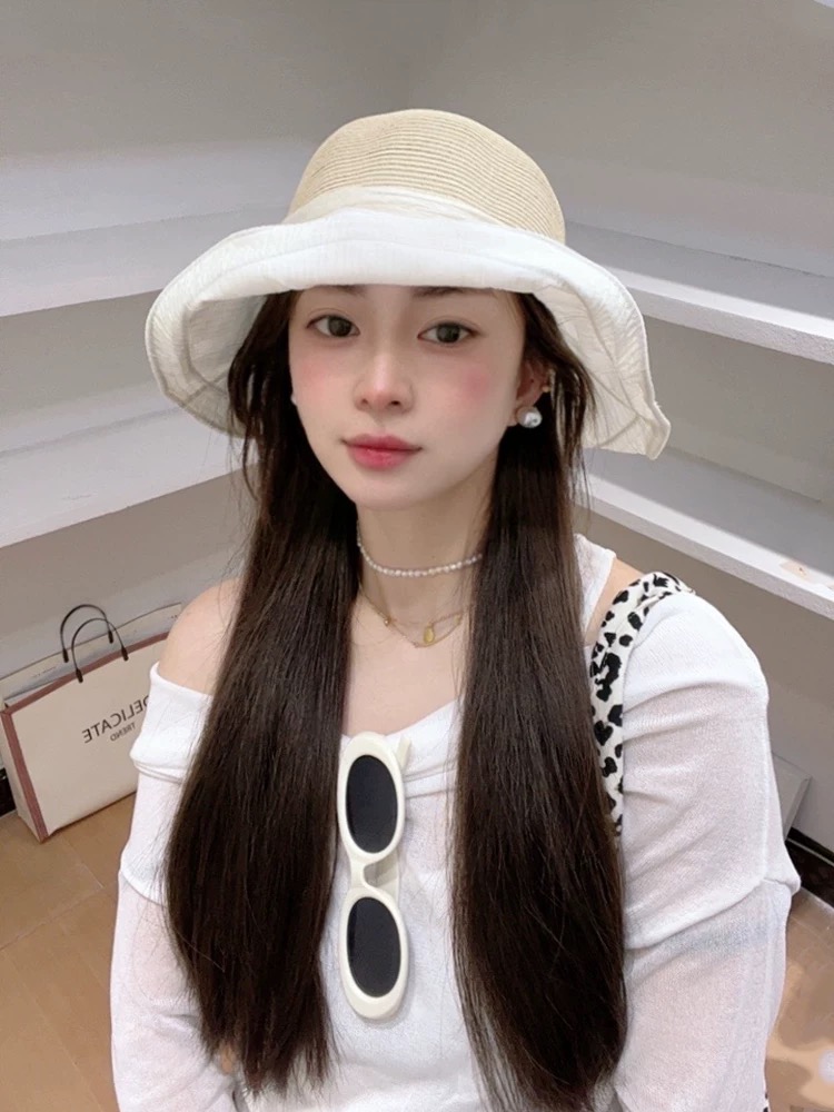 香奈儿CHANEL 韩版蝴蝶结渔夫帽女春夏遮阳防晒盆帽布草拼接太阳帽大帽檐显脸小