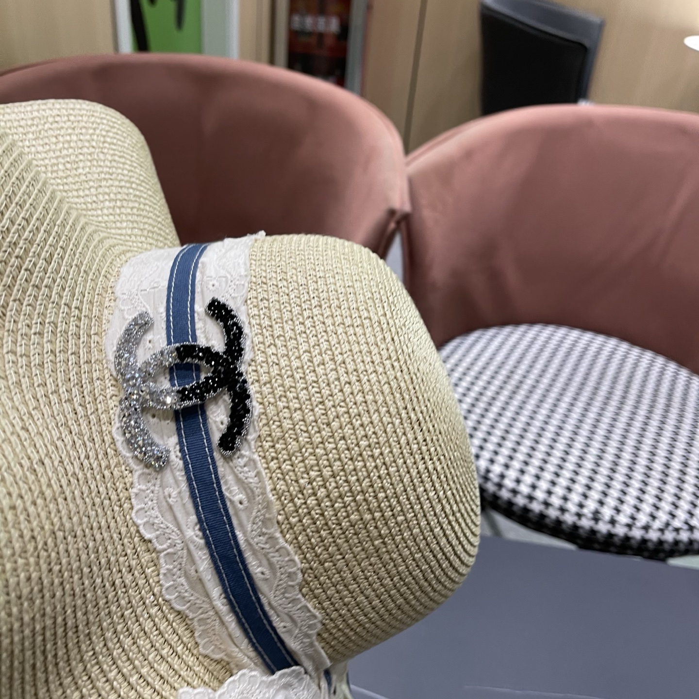 香奈儿CHANEL日系波浪大檐渔夫帽女夏季透气遮阳针织帽时尚蝴蝶结飘带防晒帽