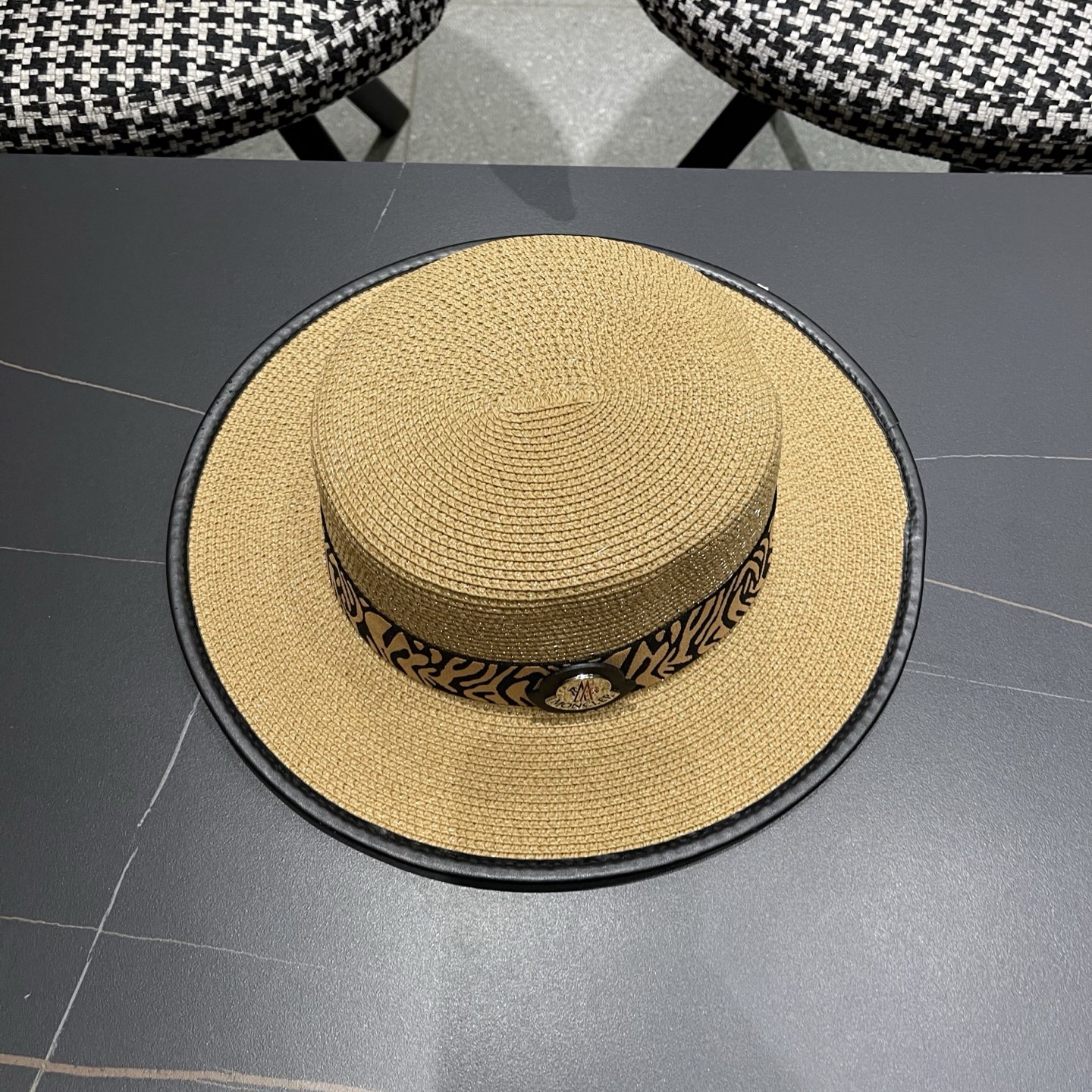 MONCLER（蒙口）法式波点平顶草帽女夏季海边度假沙滩帽遮阳防晒优雅礼帽太阳帽子