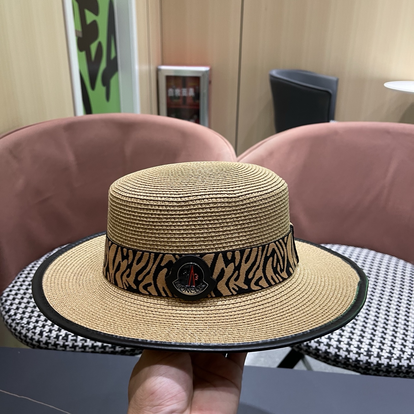 MONCLER（蒙口）法式波点平顶草帽女夏季海边度假沙滩帽遮阳防晒优雅礼帽太阳帽子