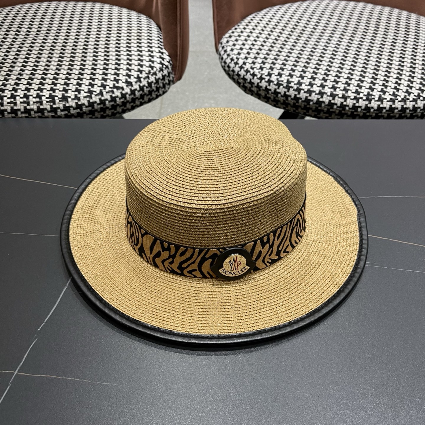 MONCLER（蒙口）法式波点平顶草帽女夏季海边度假沙滩帽遮阳防晒优雅礼帽太阳帽子