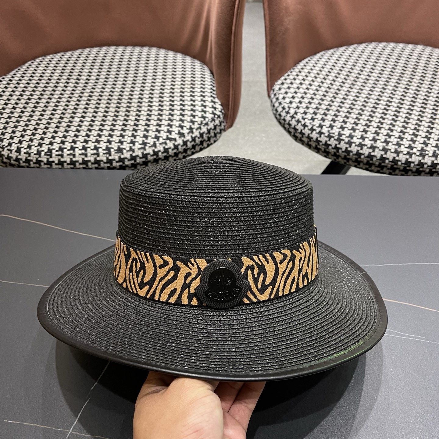 MONCLER（蒙口）法式波点平顶草帽女夏季海边度假沙滩帽遮阳防晒优雅礼帽太阳帽子