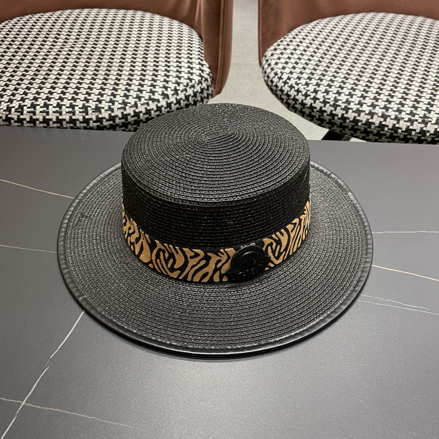 MONCLER（蒙口）法式波点平顶草帽女夏季海边度假沙滩帽遮阳防晒优雅礼帽太阳帽子