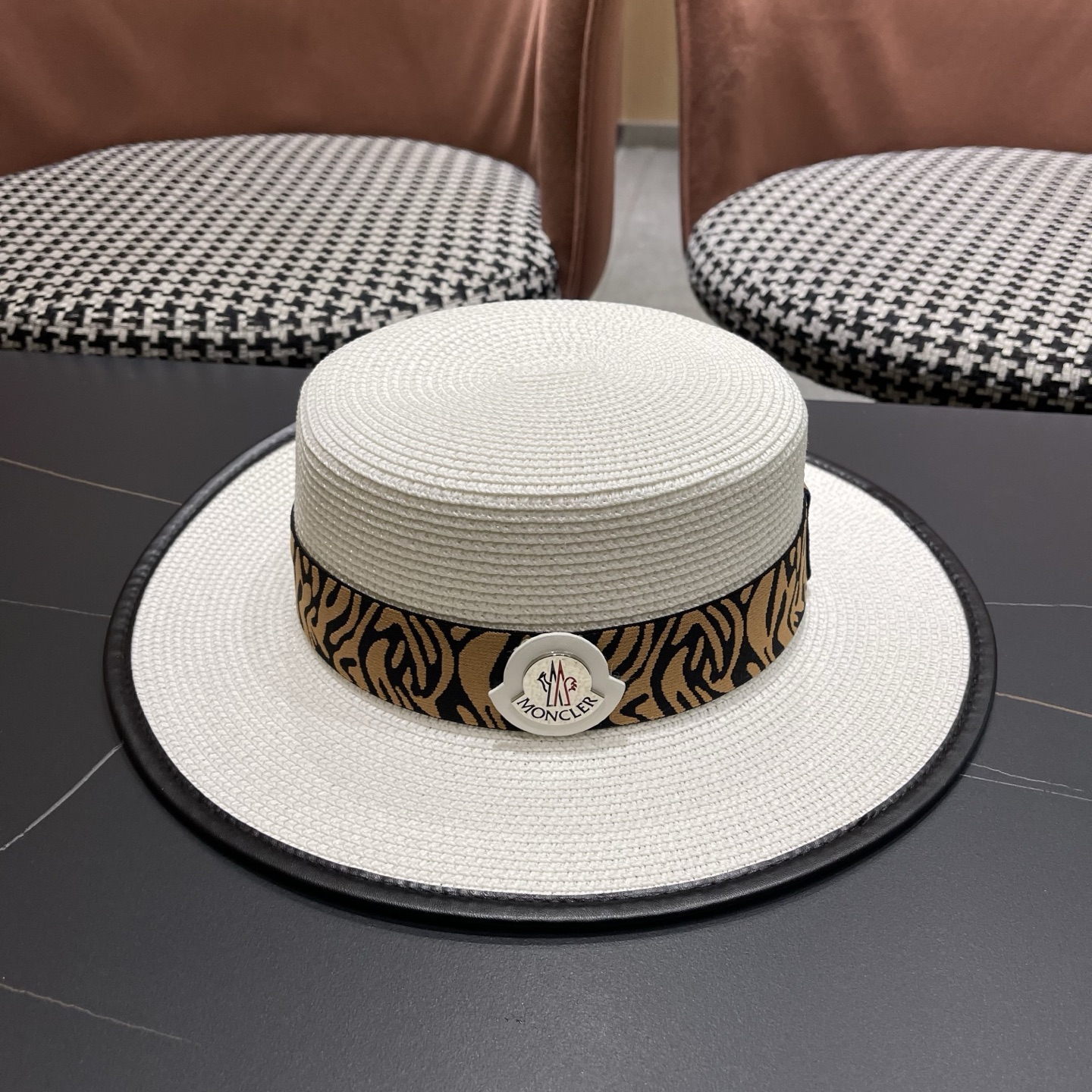 MONCLER（蒙口）法式波点平顶草帽女夏季海边度假沙滩帽遮阳防晒优雅礼帽太阳帽子