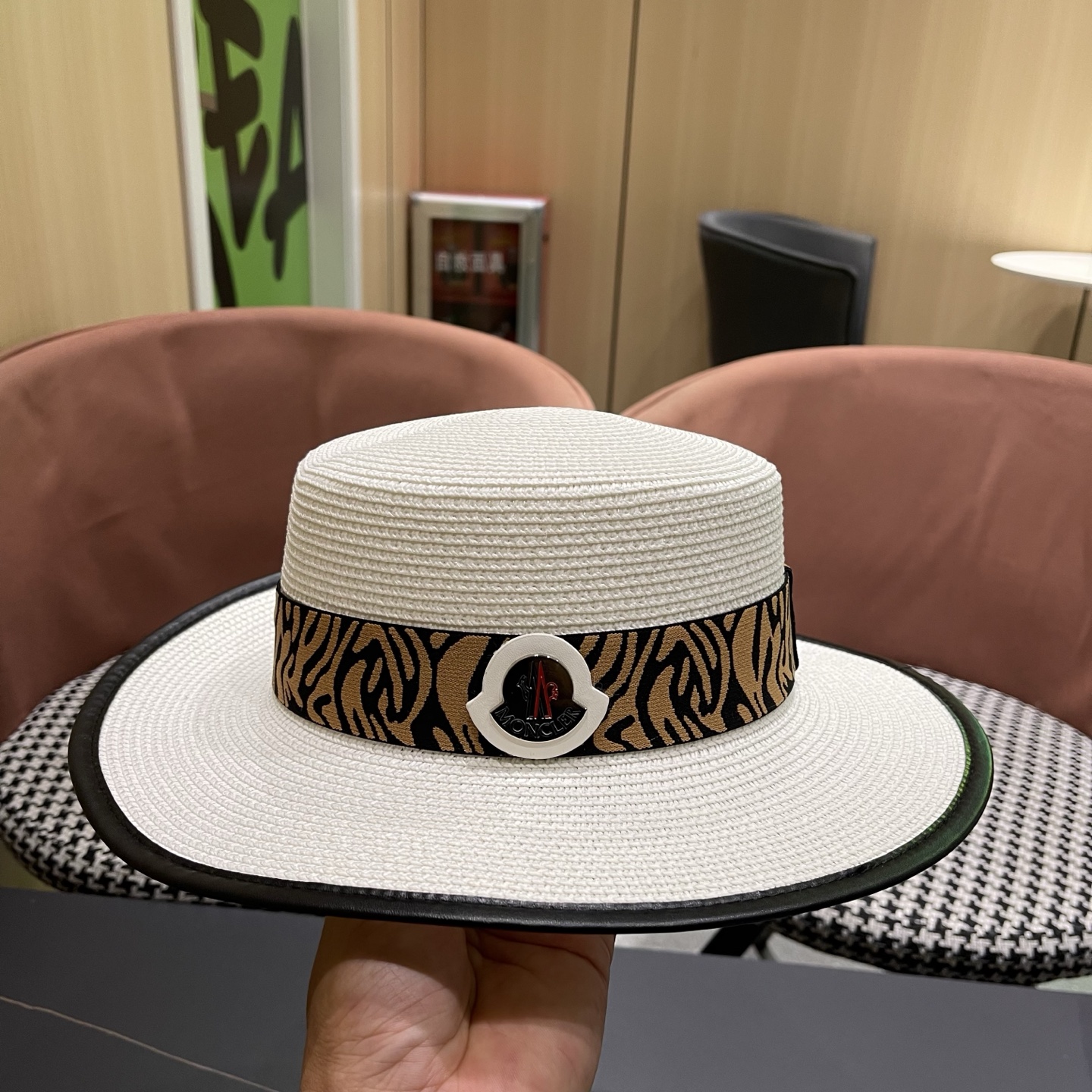 MONCLER（蒙口）法式波点平顶草帽女夏季海边度假沙滩帽遮阳防晒优雅礼帽太阳帽子