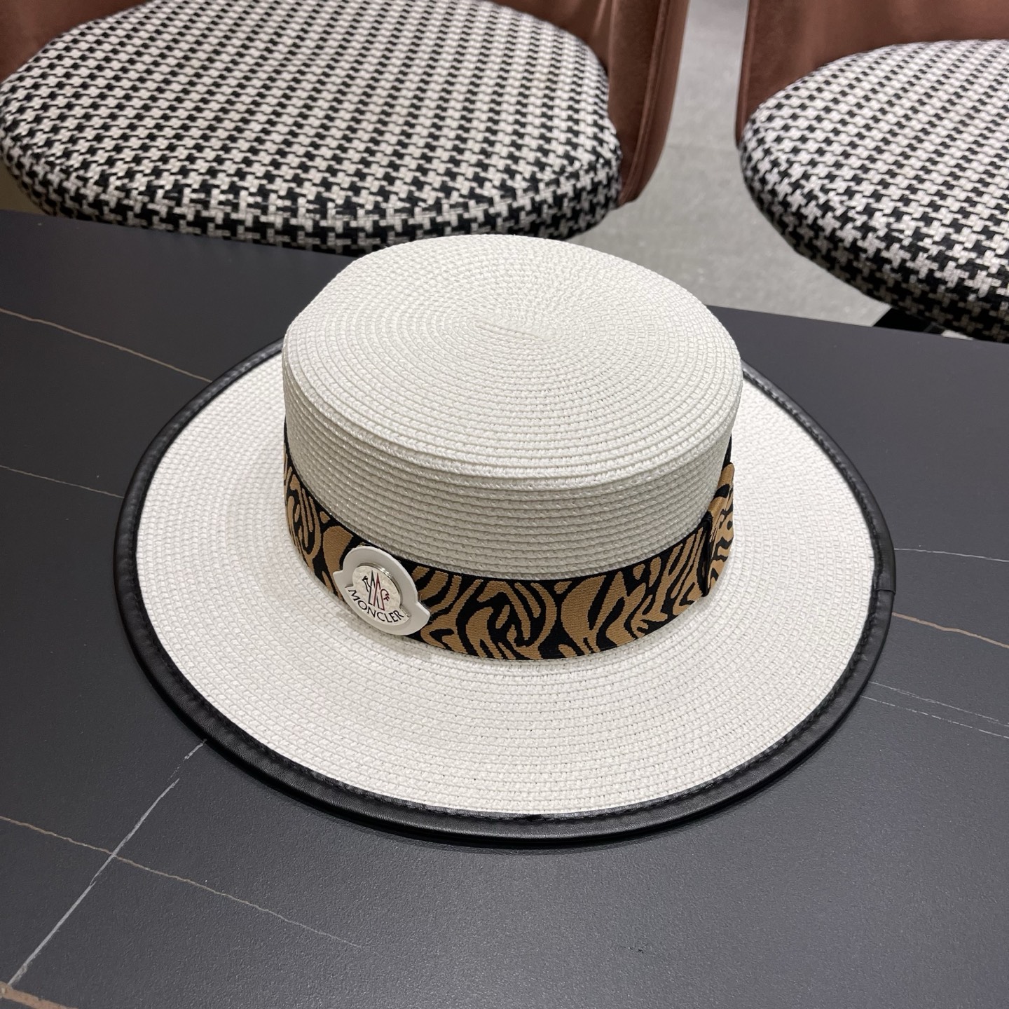 MONCLER（蒙口）法式波点平顶草帽女夏季海边度假沙滩帽遮阳防晒优雅礼帽太阳帽子