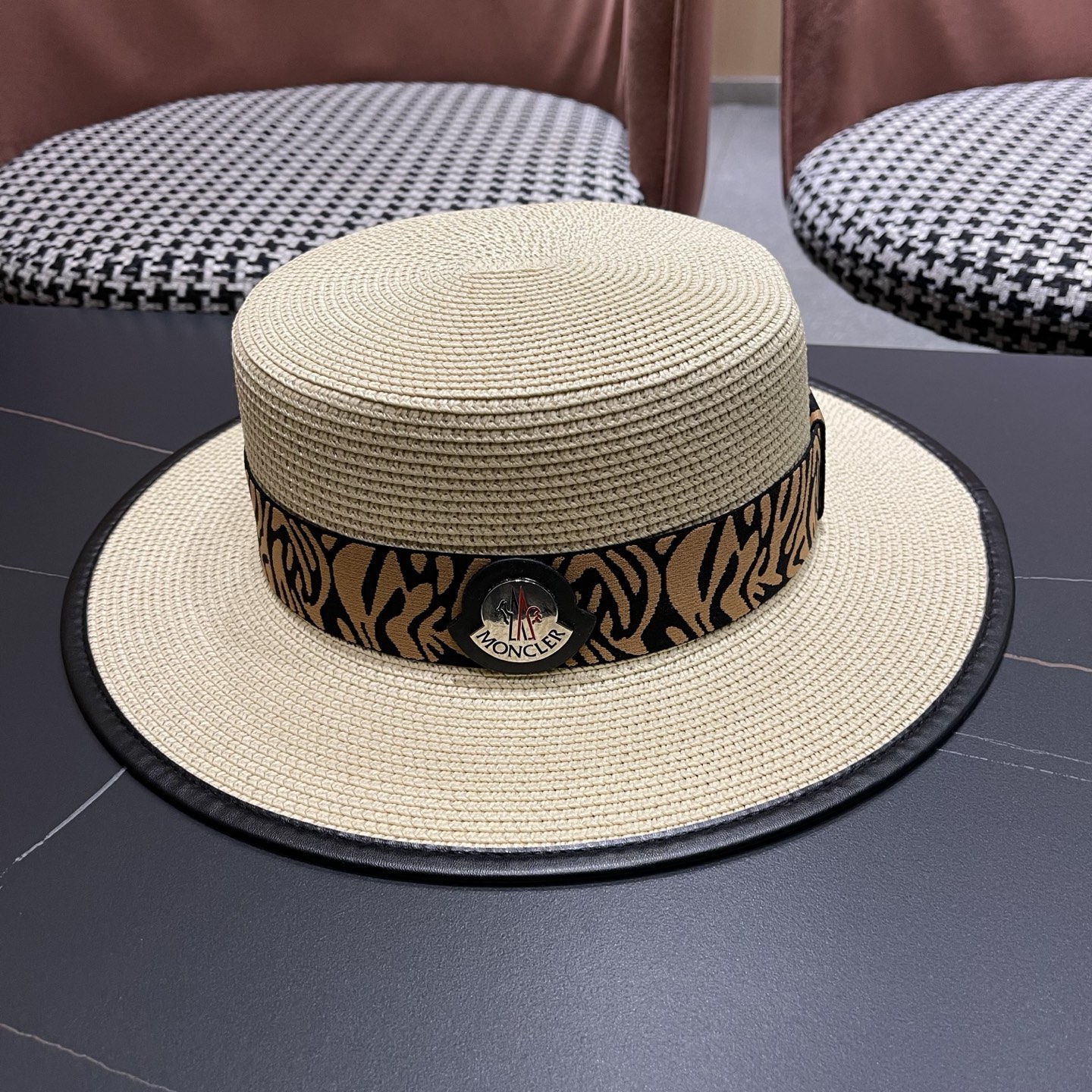 MONCLER（蒙口）法式波点平顶草帽女夏季海边度假沙滩帽遮阳防晒优雅礼帽太阳帽子