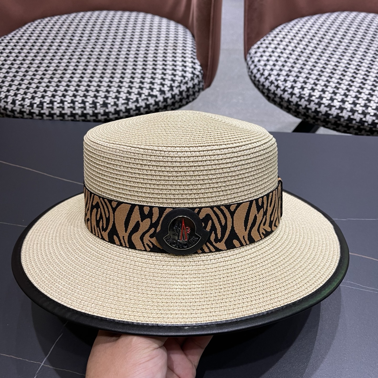 MONCLER（蒙口）法式波点平顶草帽女夏季海边度假沙滩帽遮阳防晒优雅礼帽太阳帽子