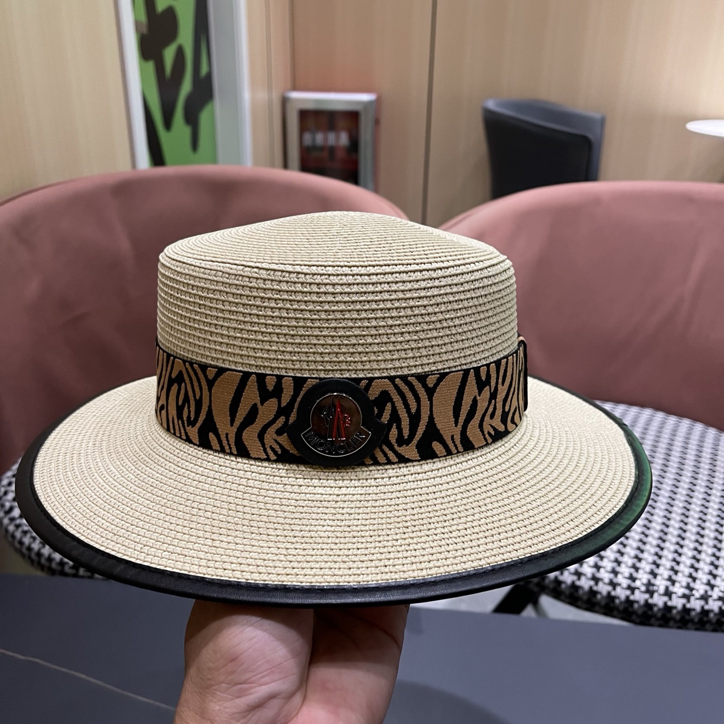 MONCLER（蒙口）法式波点平顶草帽女夏季海边度假沙滩帽遮阳防晒优雅礼帽太阳帽子
