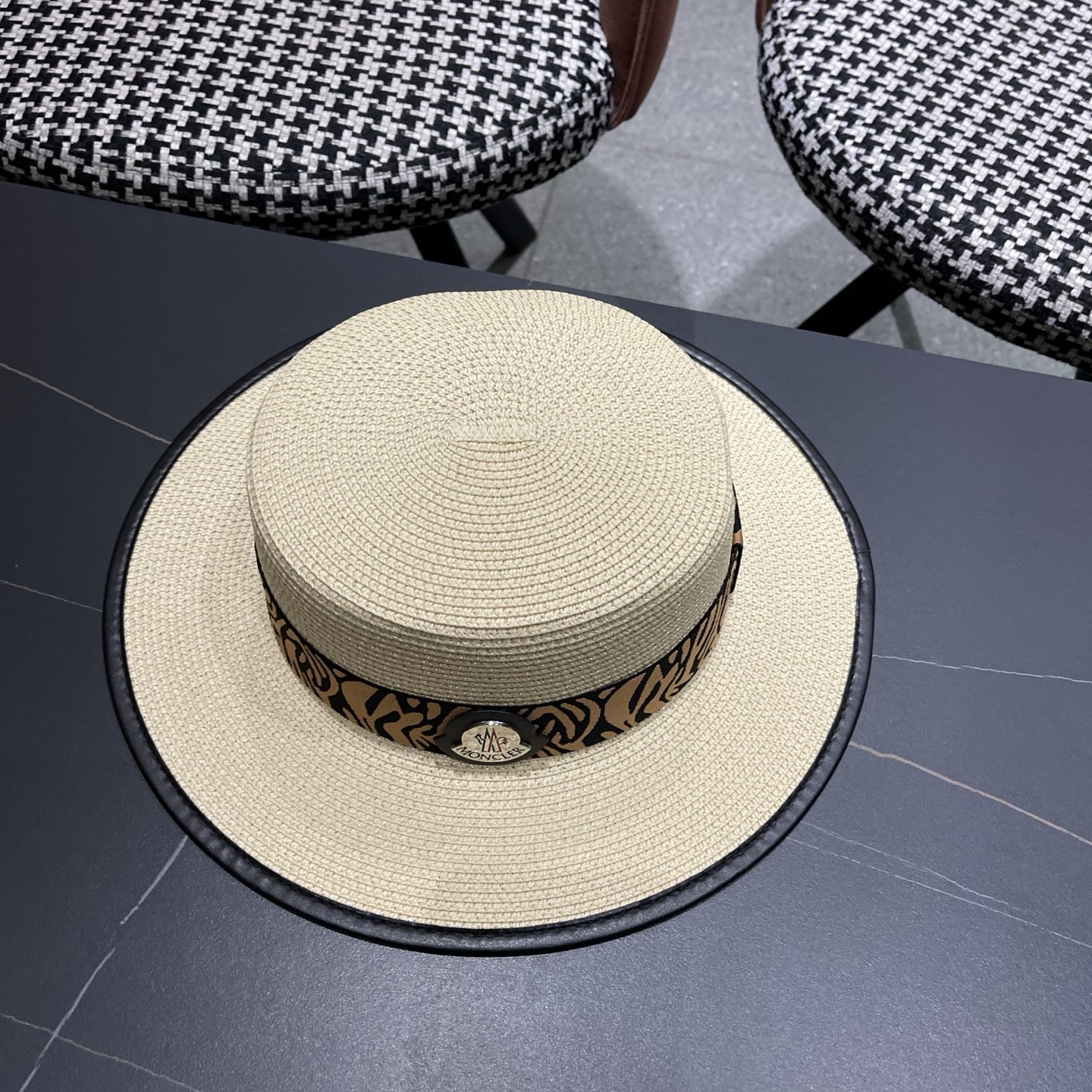 MONCLER（蒙口）法式波点平顶草帽女夏季海边度假沙滩帽遮阳防晒优雅礼帽太阳帽子