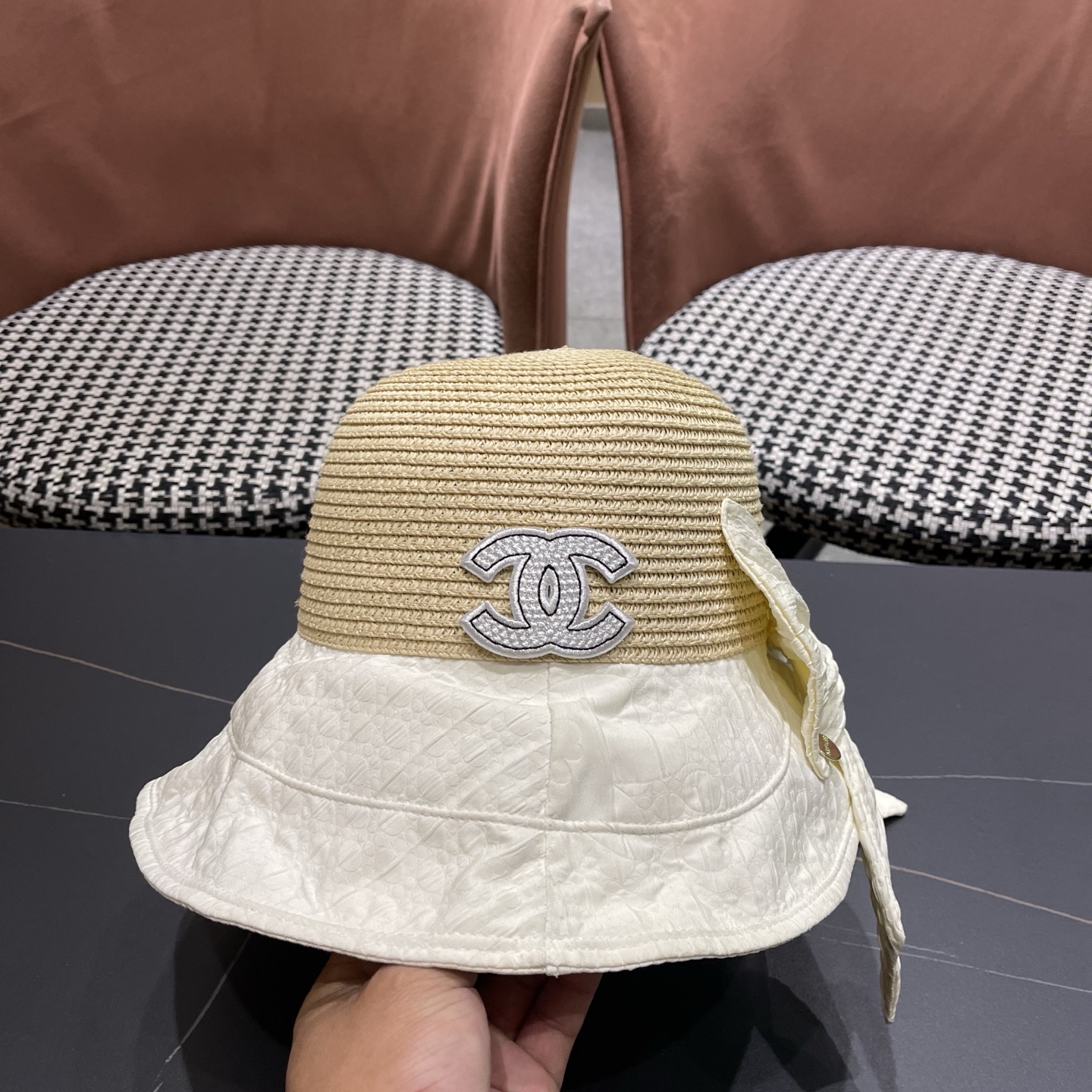 CHANEL香奈儿 春夏新款百搭渔夫帽子女针织蝴蝶结太阳帽遮阳防晒草帽潮