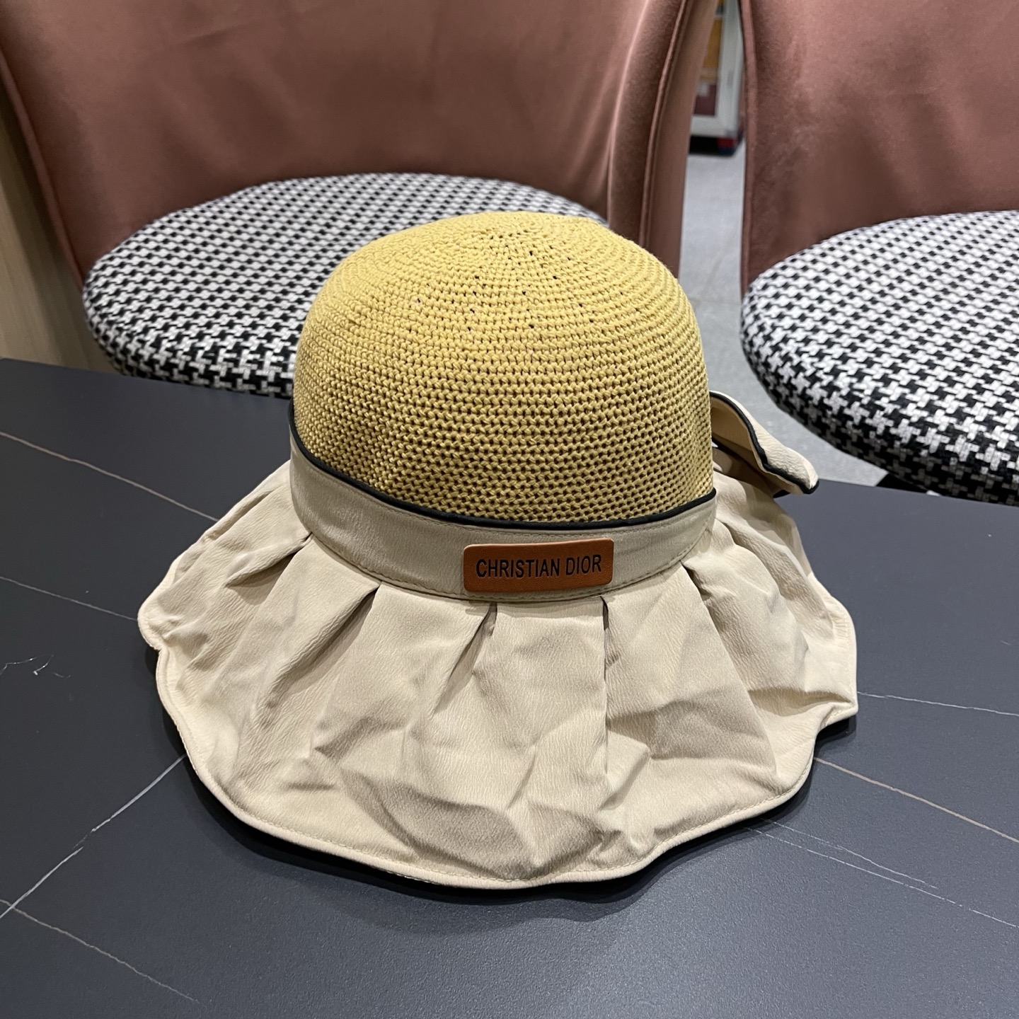 Dior迪奥 夏季帽子女大帽檐遮阳防晒防紫外线渔夫帽遮脸黑胶太阳帽户外骑行