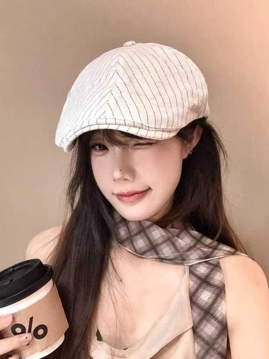 赛琳，日系条纹前进帽女2025新款春夏季复古百搭贝雷帽个性反戴鸭舌帽子