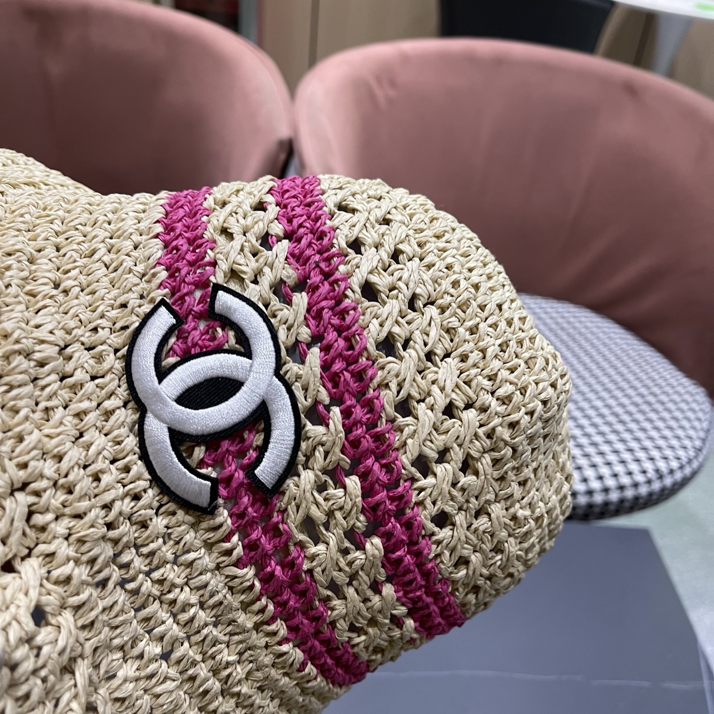 CHANEL 香奈儿 日系小清新条纹镂空草帽女夏季海边度假遮阳防晒帽子可折叠渔夫帽