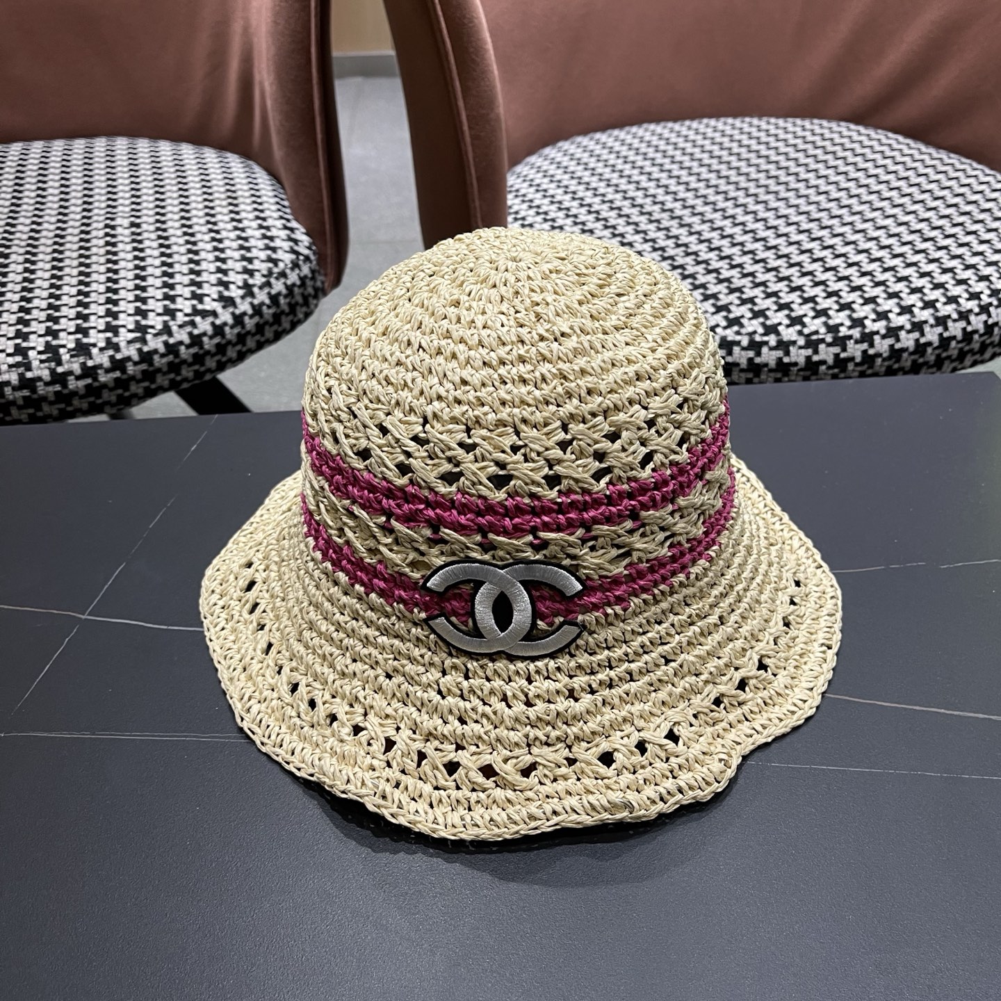 CHANEL 香奈儿 日系小清新条纹镂空草帽女夏季海边度假遮阳防晒帽子可折叠渔夫帽