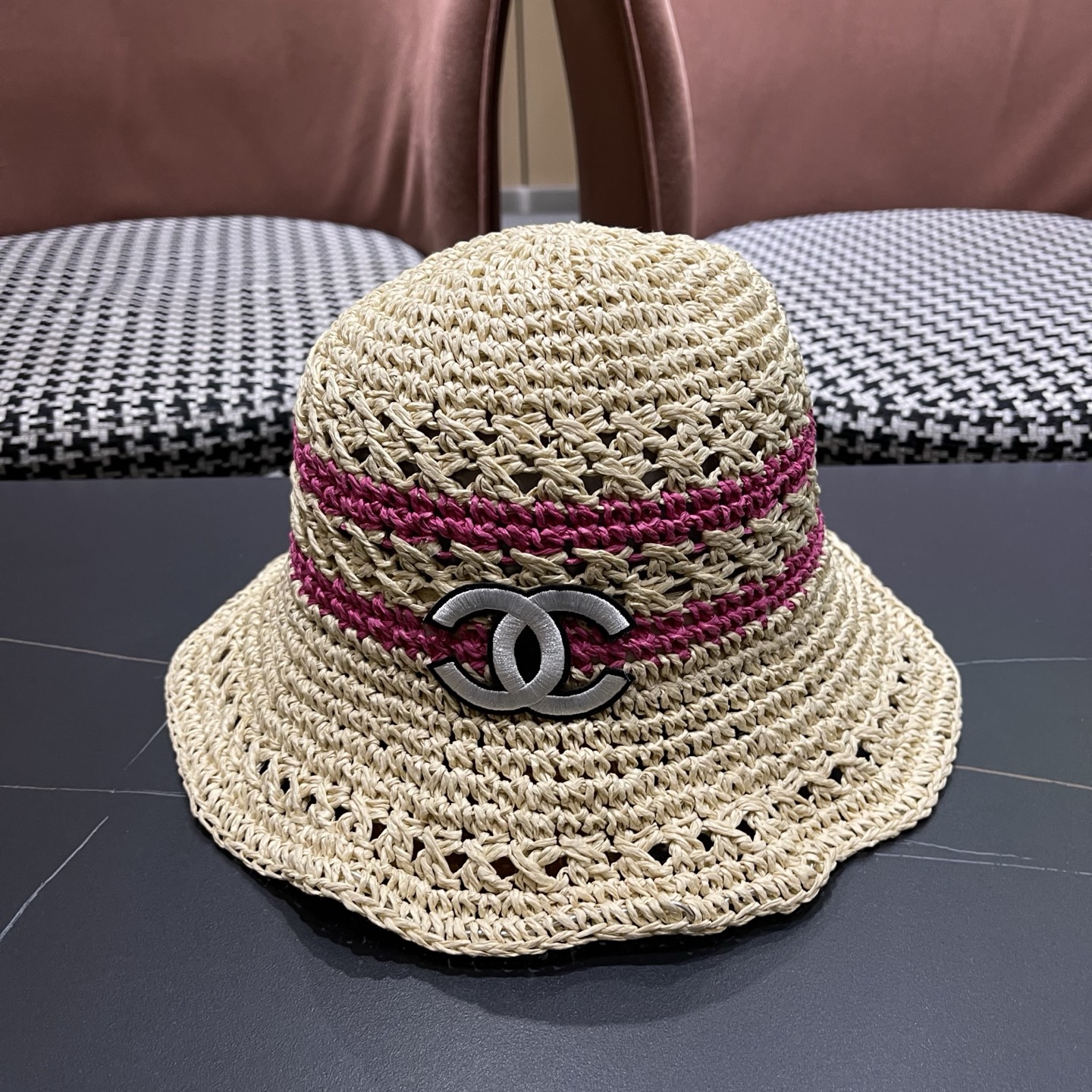 CHANEL 香奈儿 日系小清新条纹镂空草帽女夏季海边度假遮阳防晒帽子可折叠渔夫帽