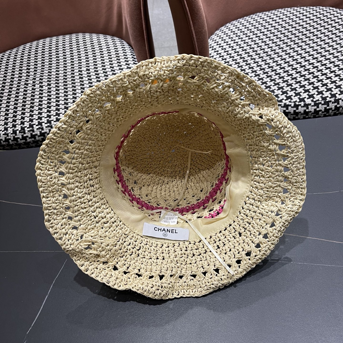 CHANEL 香奈儿 日系小清新条纹镂空草帽女夏季海边度假遮阳防晒帽子可折叠渔夫帽