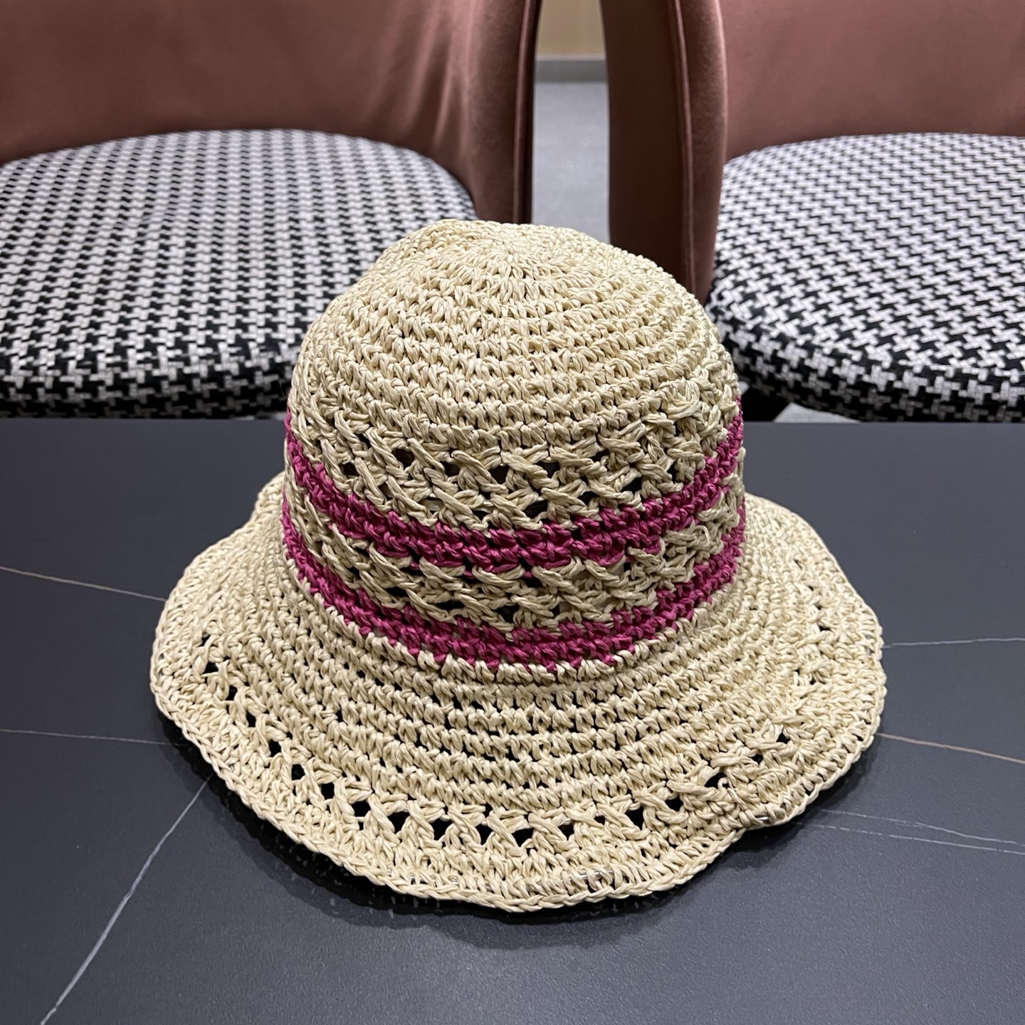 CHANEL 香奈儿 日系小清新条纹镂空草帽女夏季海边度假遮阳防晒帽子可折叠渔夫帽
