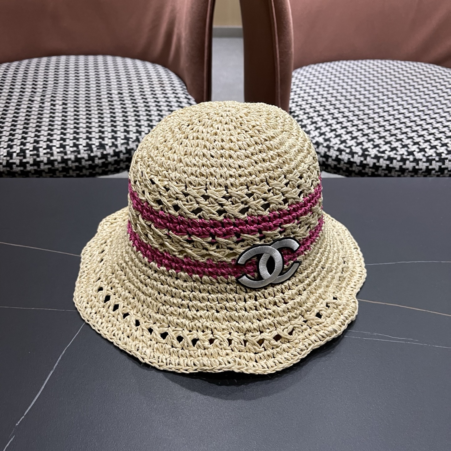 CHANEL 香奈儿 日系小清新条纹镂空草帽女夏季海边度假遮阳防晒帽子可折叠渔夫帽