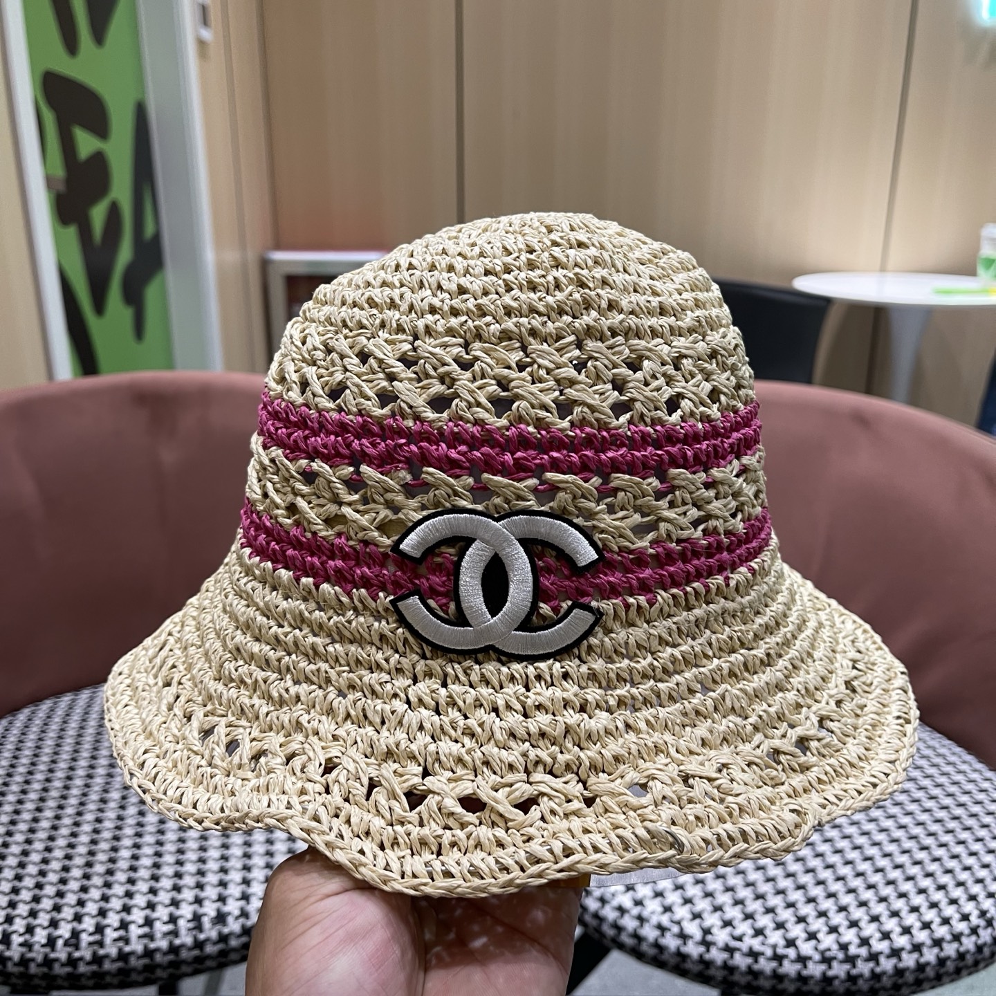 CHANEL 香奈儿 日系小清新条纹镂空草帽女夏季海边度假遮阳防晒帽子可折叠渔夫帽