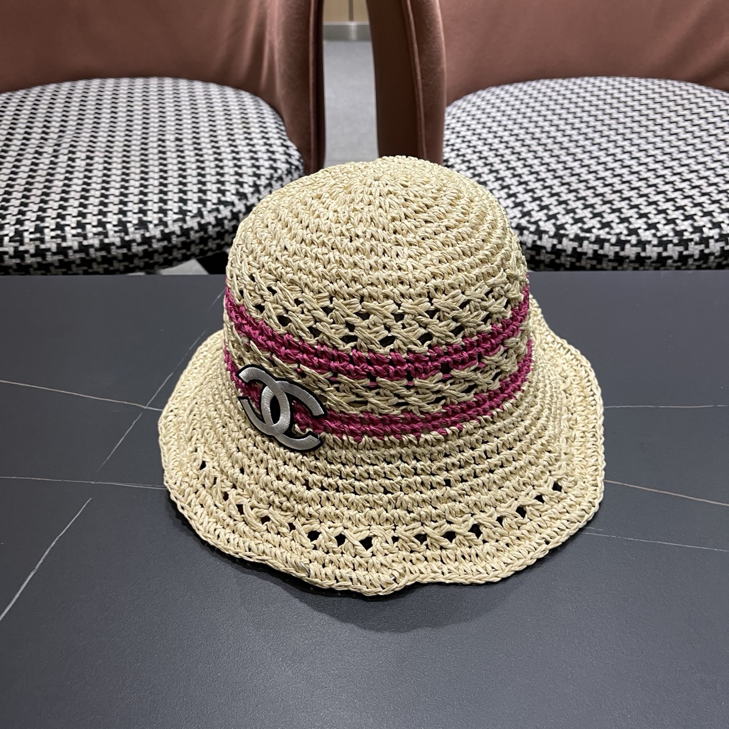 CHANEL 香奈儿 日系小清新条纹镂空草帽女夏季海边度假遮阳防晒帽子可折叠渔夫帽
