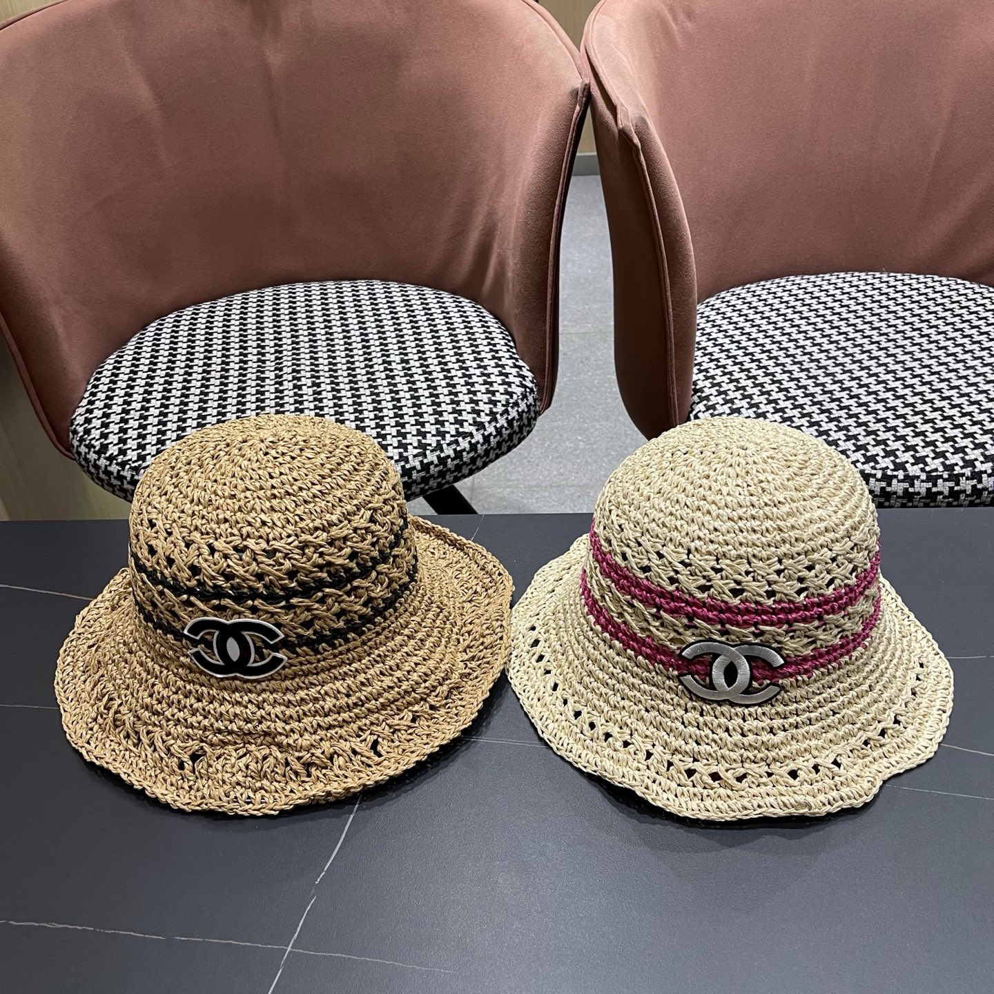 CHANEL 香奈儿 日系小清新条纹镂空草帽女夏季海边度假遮阳防晒帽子可折叠渔夫帽