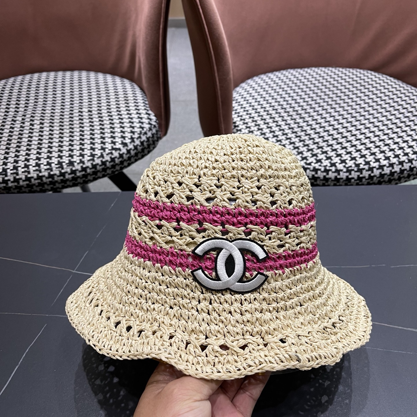 CHANEL 香奈儿 日系小清新条纹镂空草帽女夏季海边度假遮阳防晒帽子可折叠渔夫帽