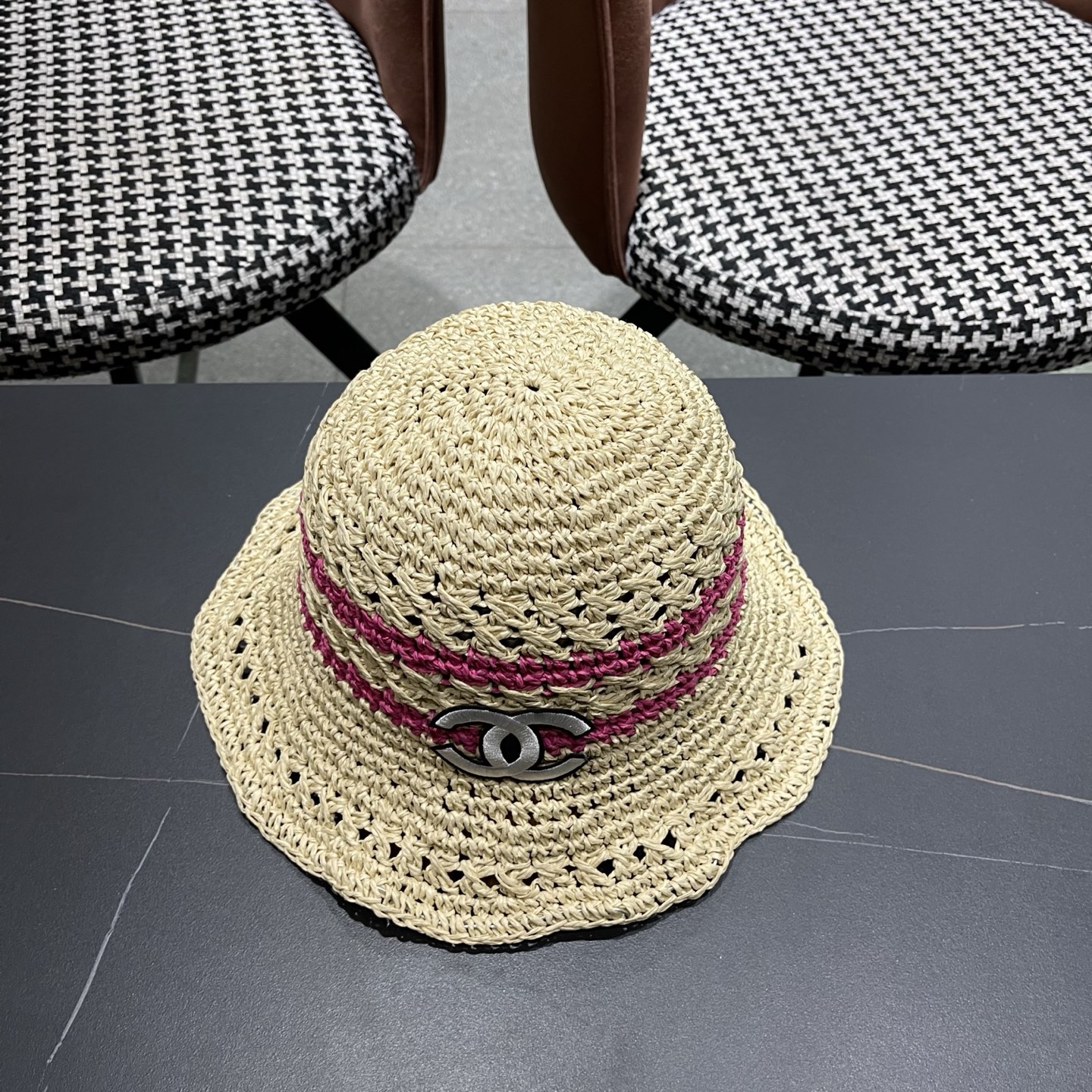 CHANEL 香奈儿 日系小清新条纹镂空草帽女夏季海边度假遮阳防晒帽子可折叠渔夫帽