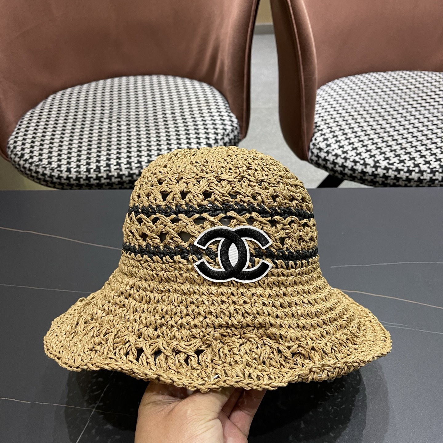 CHANEL 香奈儿 日系小清新条纹镂空草帽女夏季海边度假遮阳防晒帽子可折叠渔夫帽