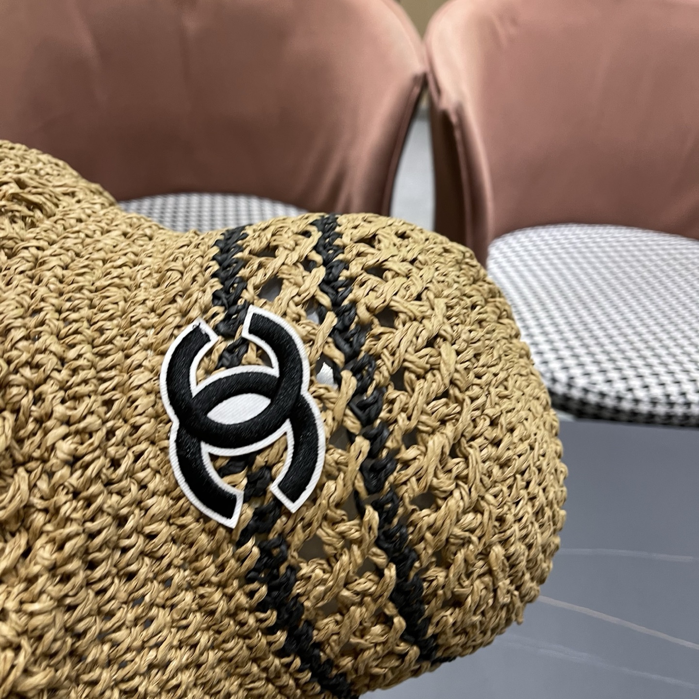 CHANEL 香奈儿 日系小清新条纹镂空草帽女夏季海边度假遮阳防晒帽子可折叠渔夫帽