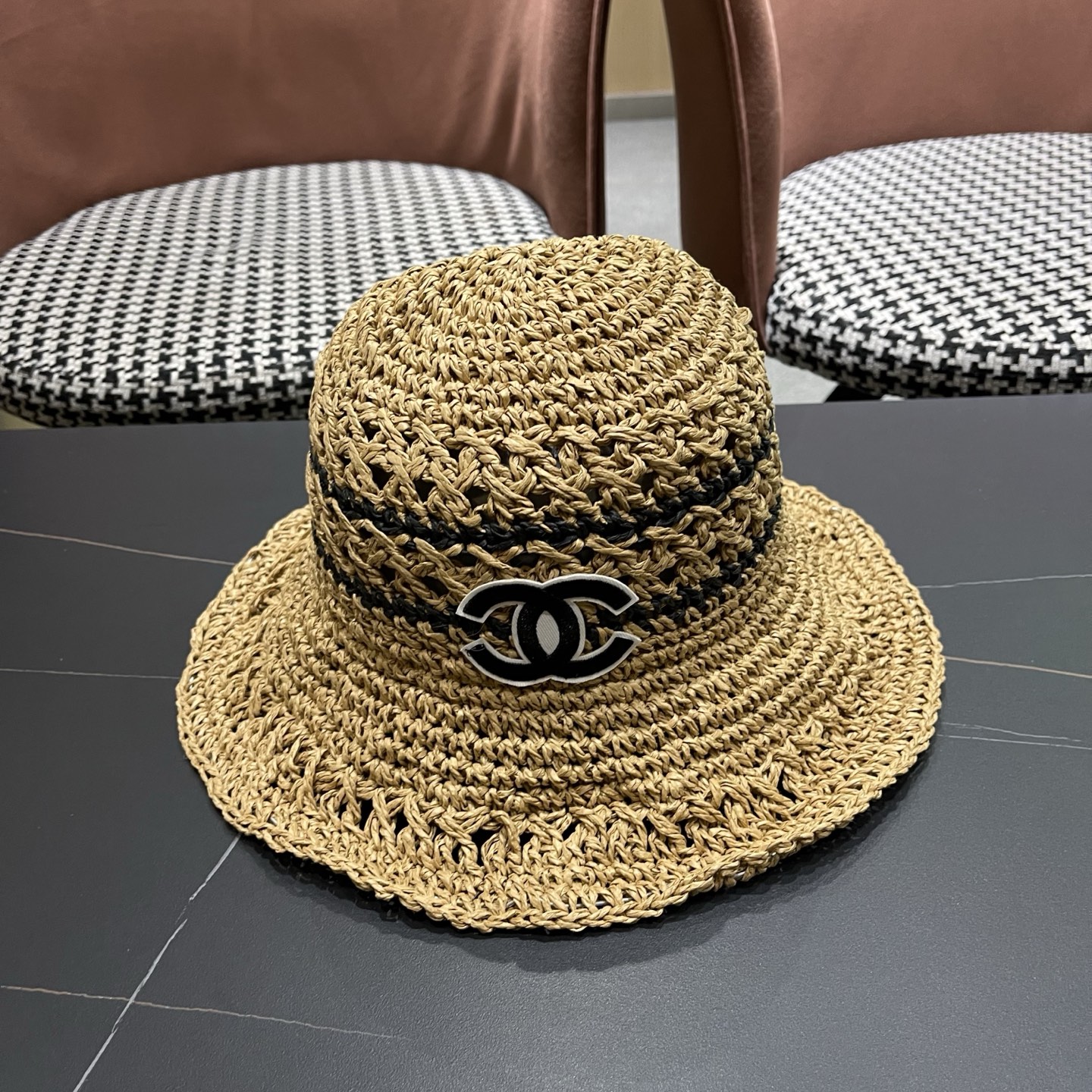CHANEL 香奈儿 日系小清新条纹镂空草帽女夏季海边度假遮阳防晒帽子可折叠渔夫帽