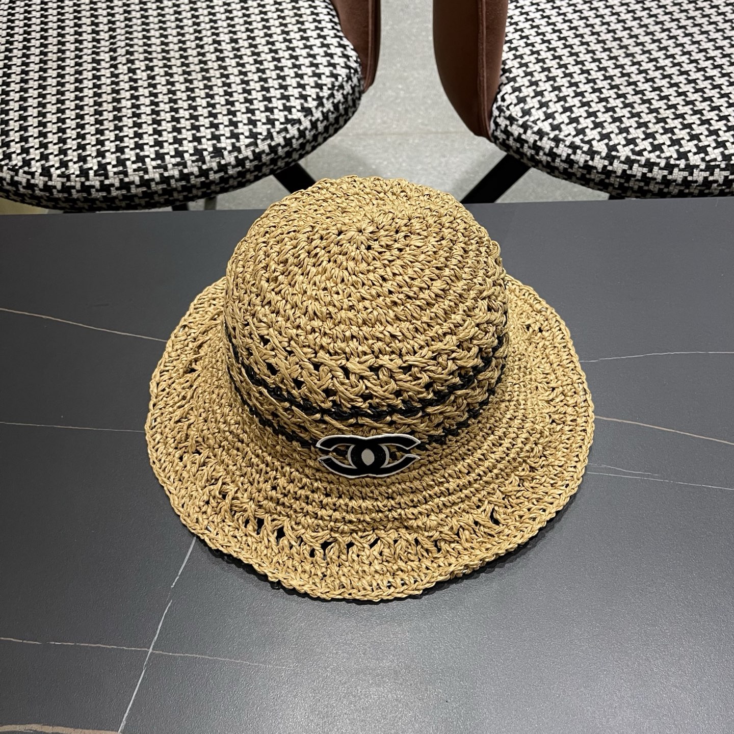 CHANEL 香奈儿 日系小清新条纹镂空草帽女夏季海边度假遮阳防晒帽子可折叠渔夫帽