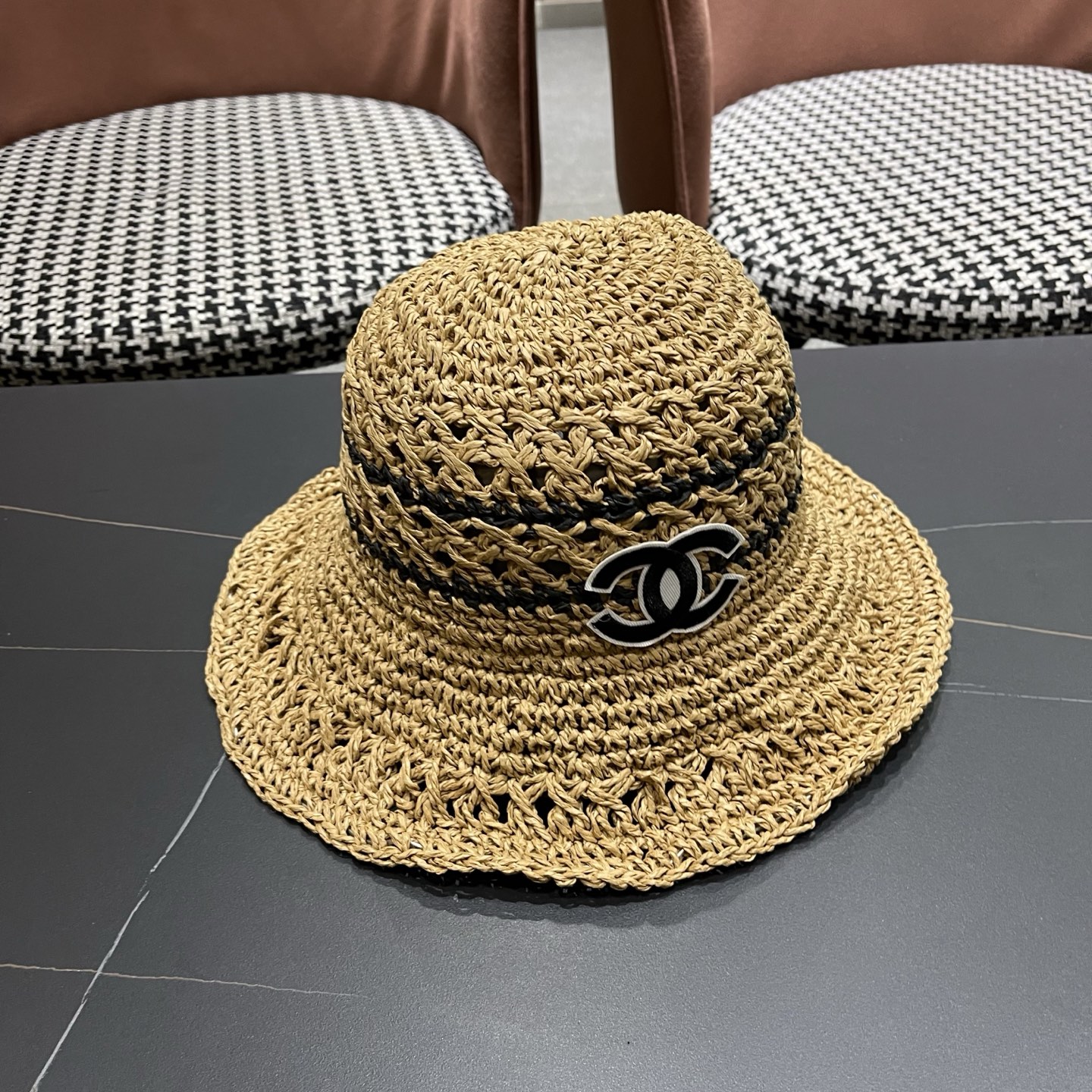 CHANEL 香奈儿 日系小清新条纹镂空草帽女夏季海边度假遮阳防晒帽子可折叠渔夫帽