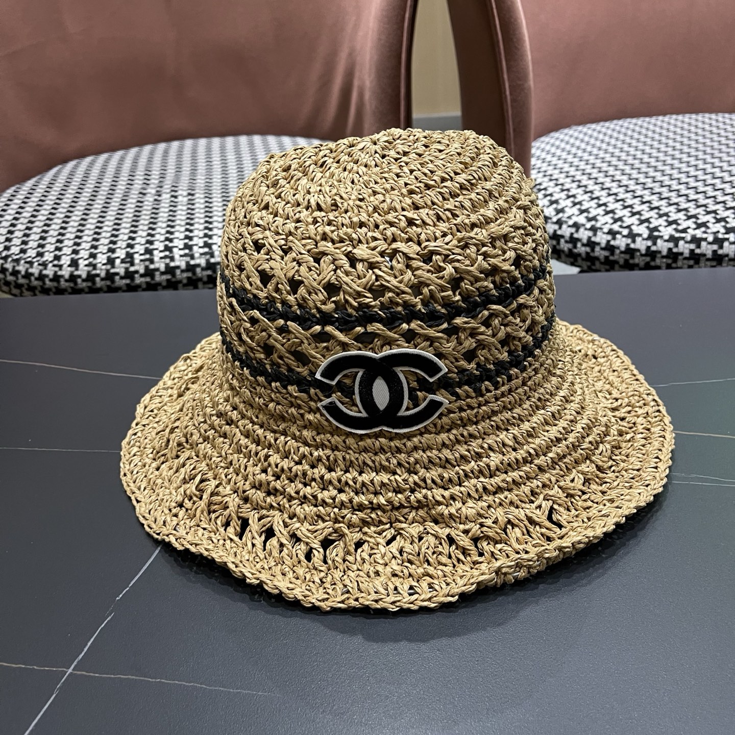 CHANEL 香奈儿 日系小清新条纹镂空草帽女夏季海边度假遮阳防晒帽子可折叠渔夫帽