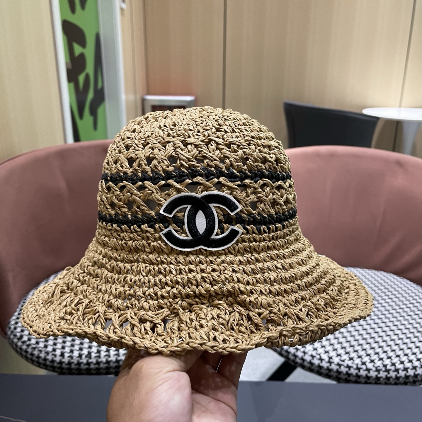 CHANEL 香奈儿 日系小清新条纹镂空草帽女夏季海边度假遮阳防晒帽子可折叠渔夫帽