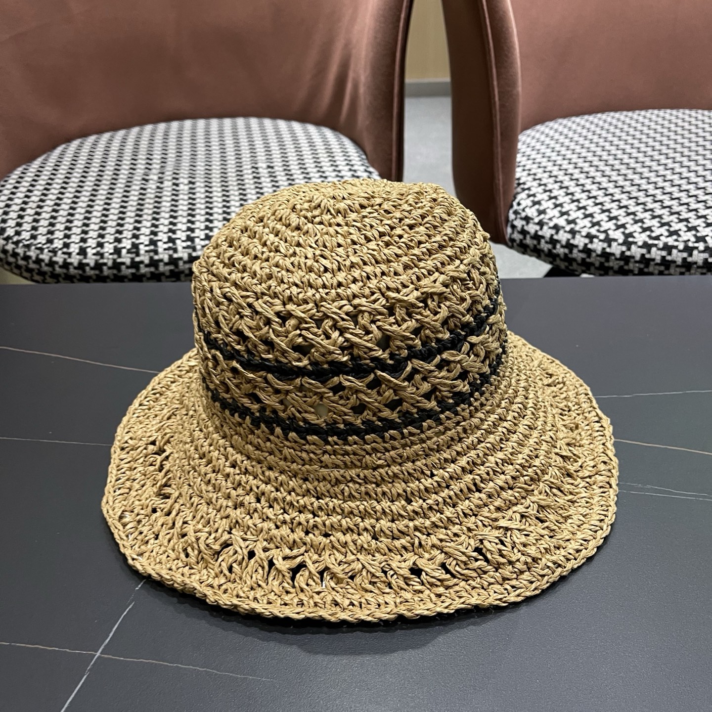 CHANEL 香奈儿 日系小清新条纹镂空草帽女夏季海边度假遮阳防晒帽子可折叠渔夫帽