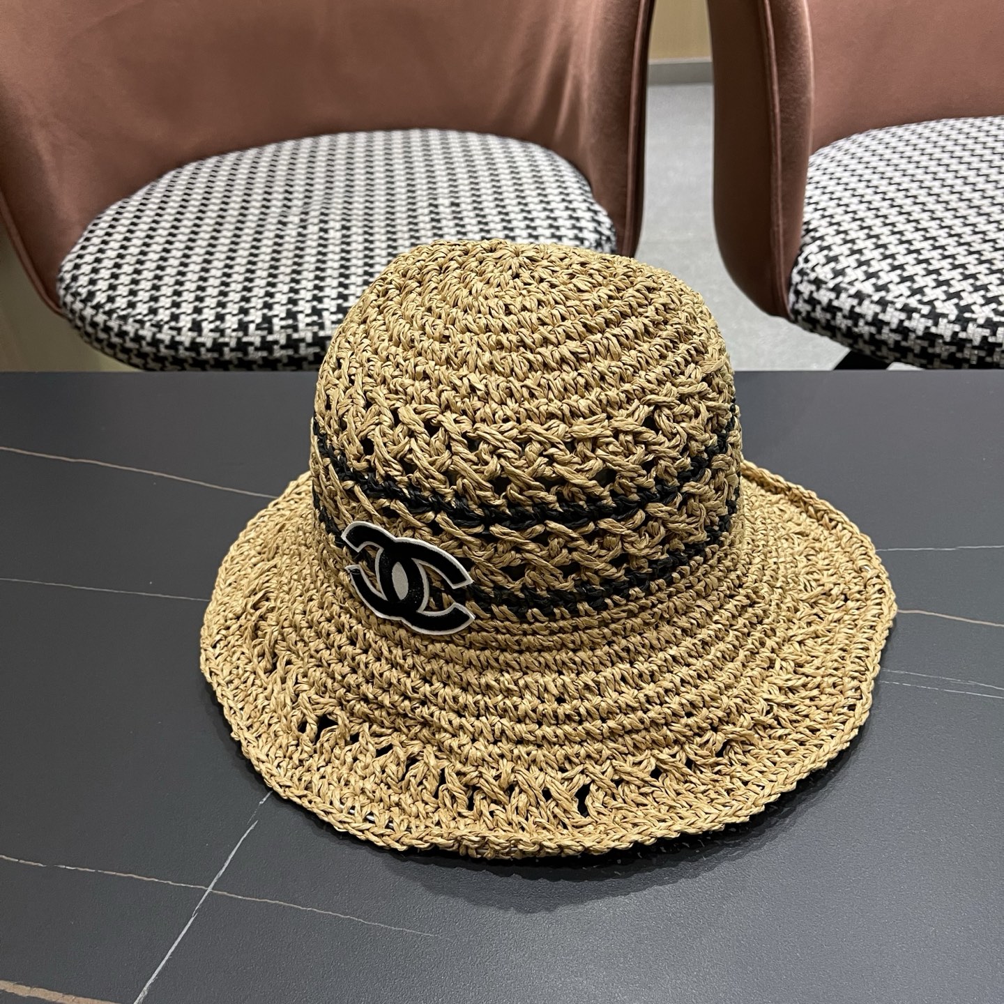 CHANEL 香奈儿 日系小清新条纹镂空草帽女夏季海边度假遮阳防晒帽子可折叠渔夫帽