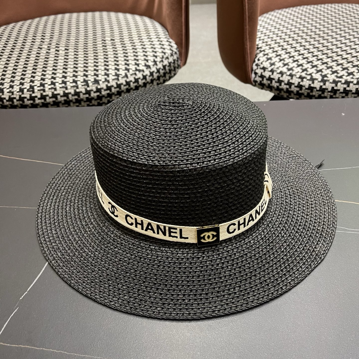 Chanel香奈儿平顶草帽，新款小礼帽，头围57cm​