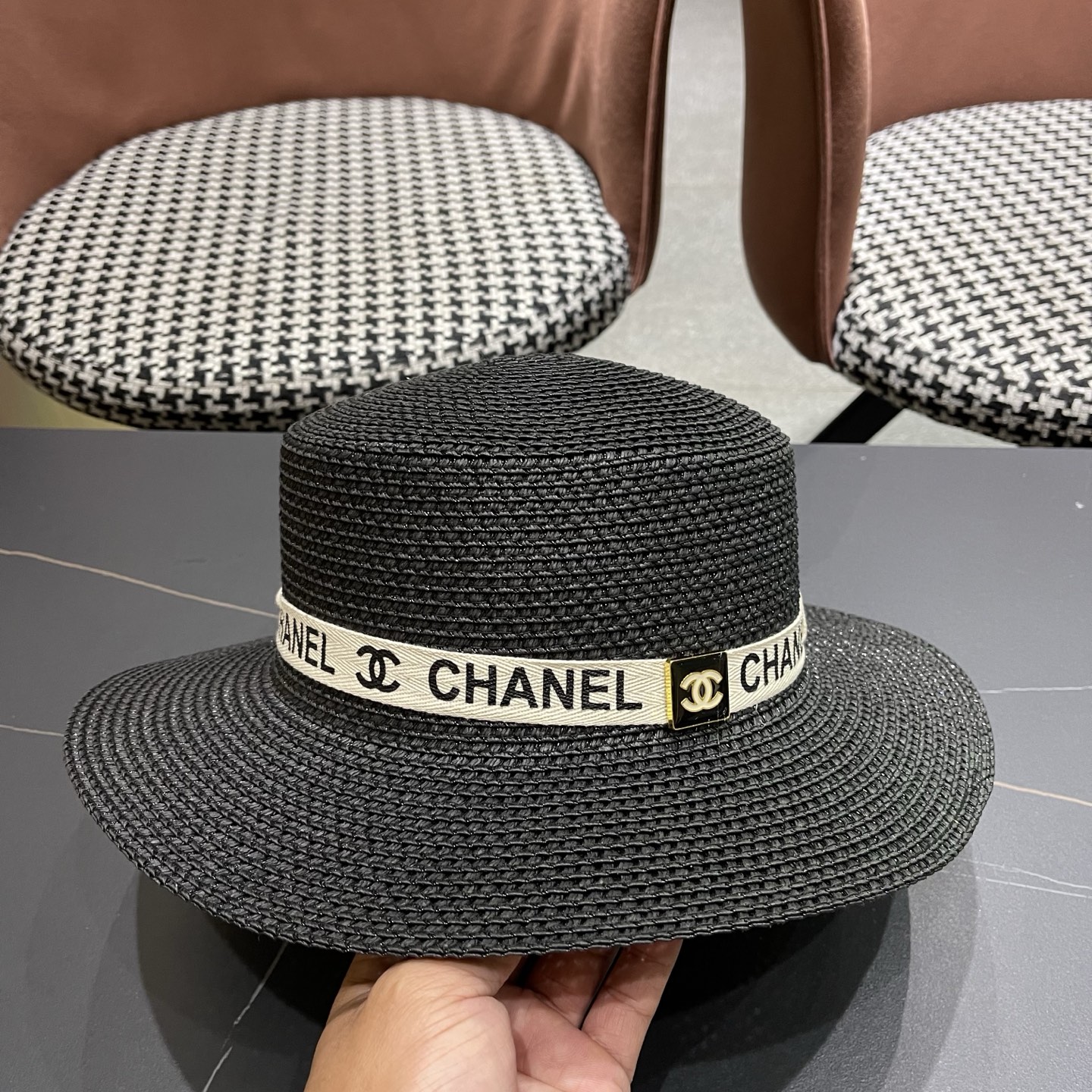 Chanel香奈儿平顶草帽，新款小礼帽，头围57cm​