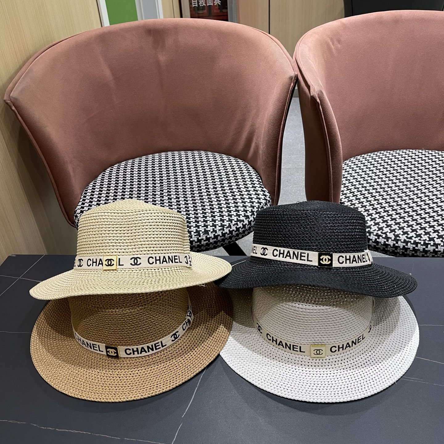 Chanel香奈儿平顶草帽，新款小礼帽，头围57cm​