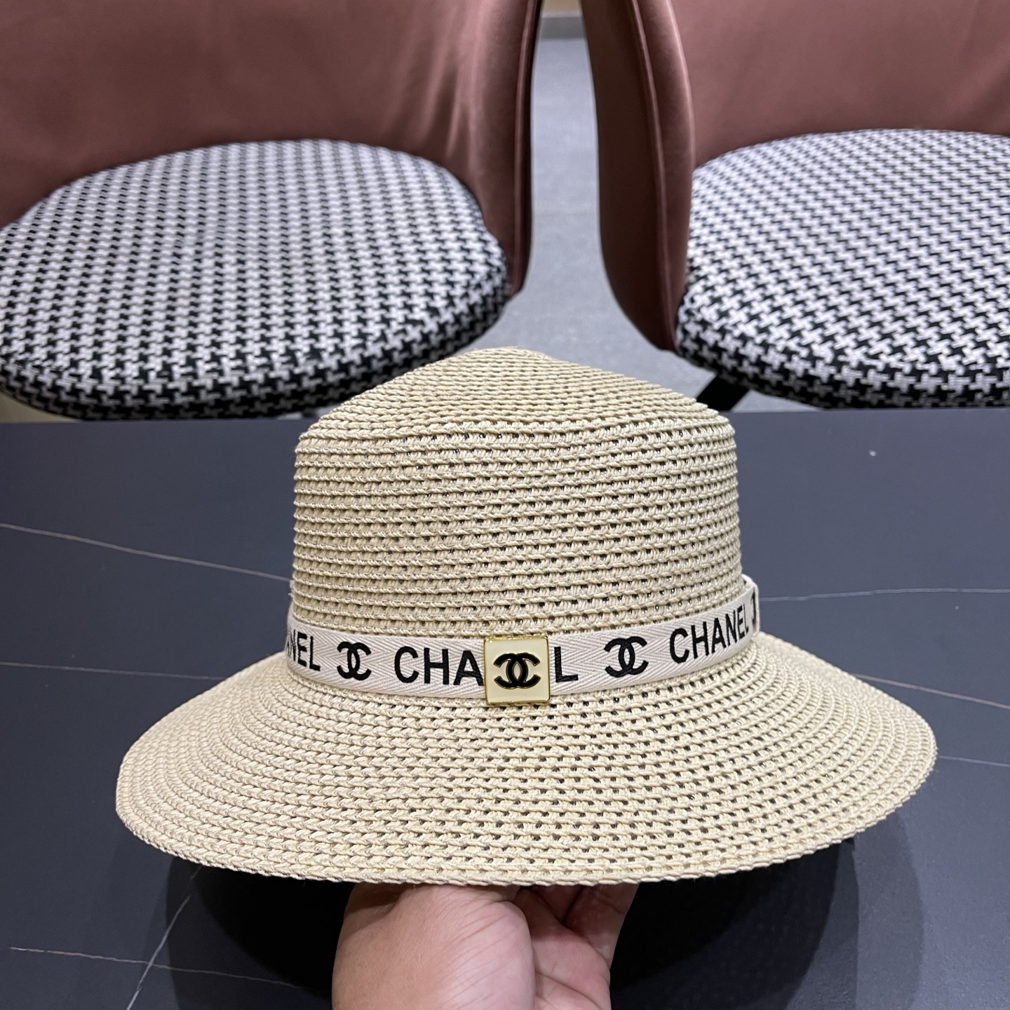 Chanel香奈儿平顶草帽，新款小礼帽，头围57cm​