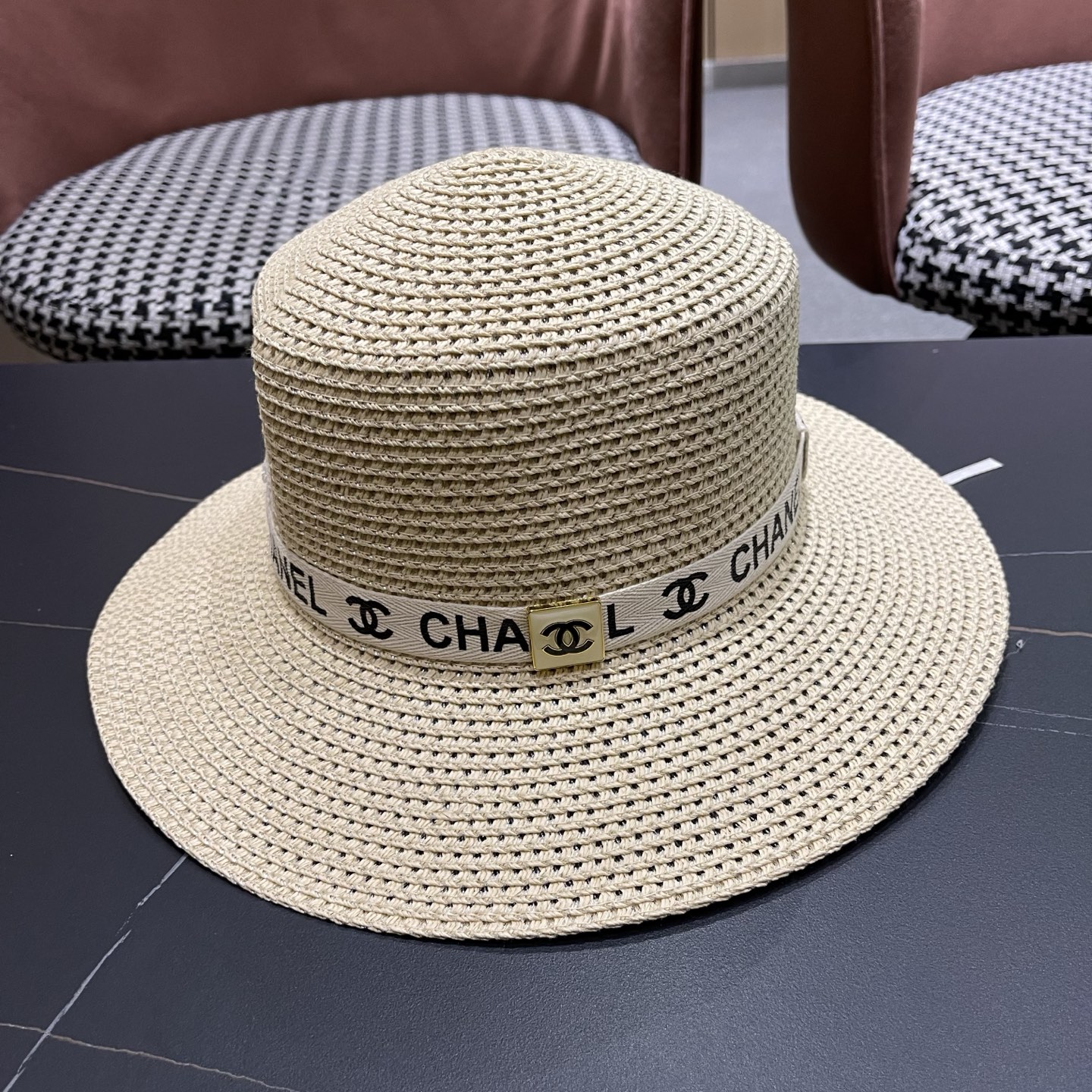 Chanel香奈儿平顶草帽，新款小礼帽，头围57cm​