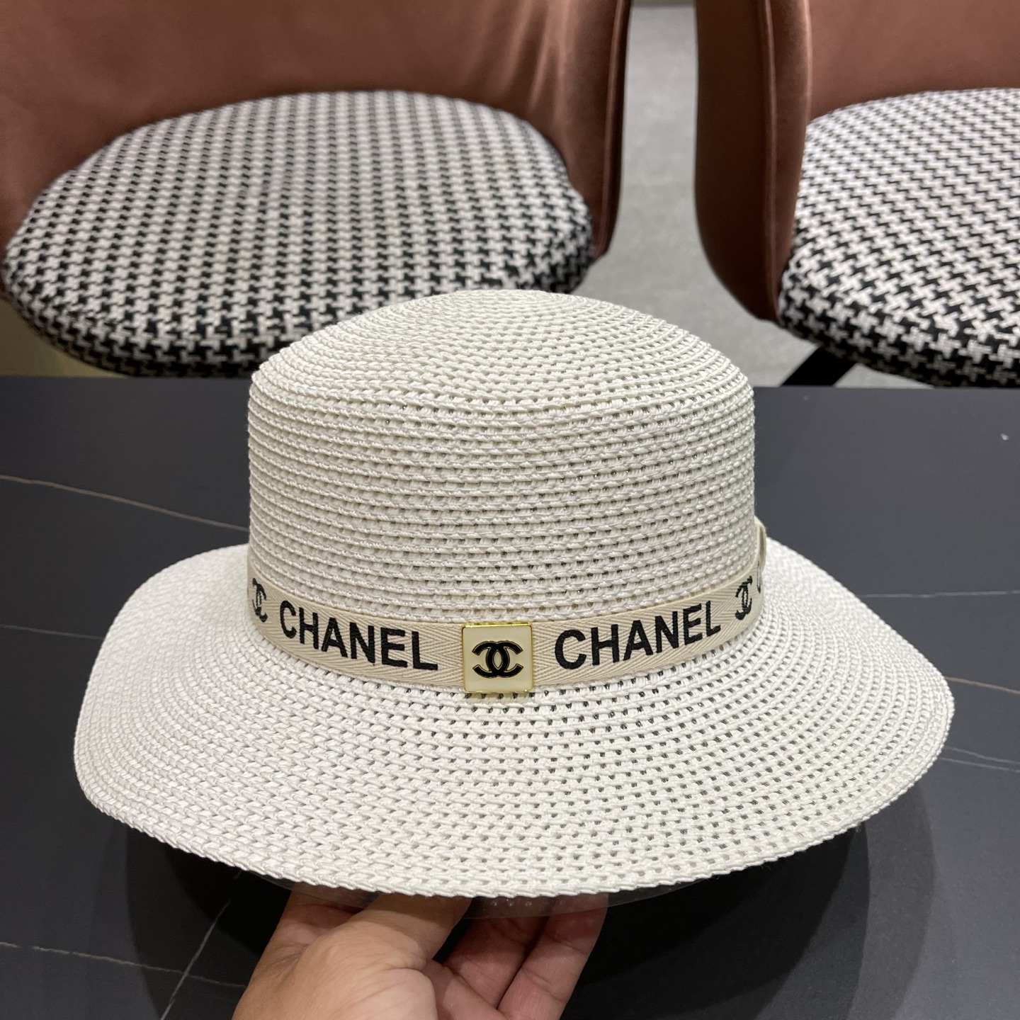 Chanel香奈儿平顶草帽，新款小礼帽，头围57cm​