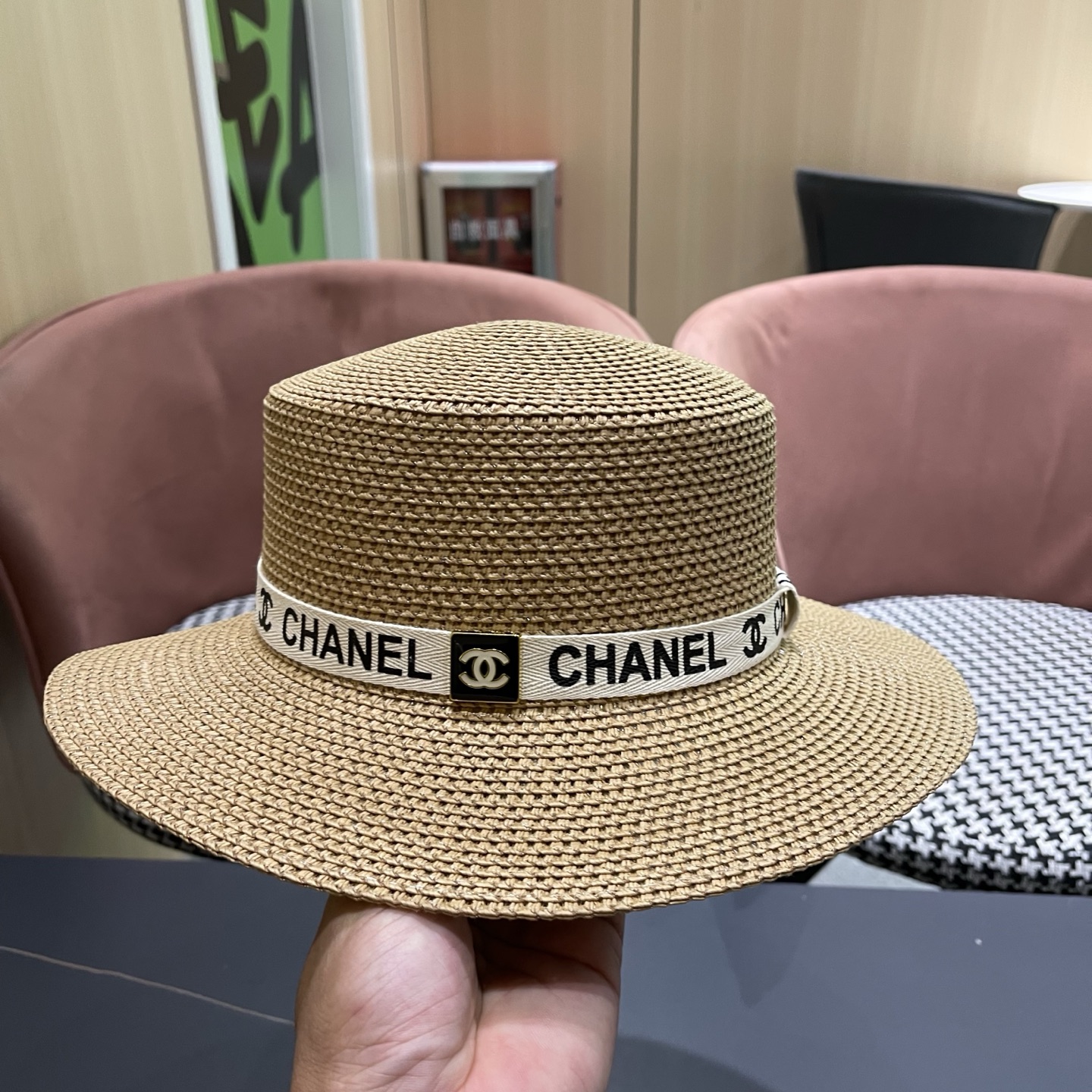 Chanel香奈儿平顶草帽，新款小礼帽，头围57cm​